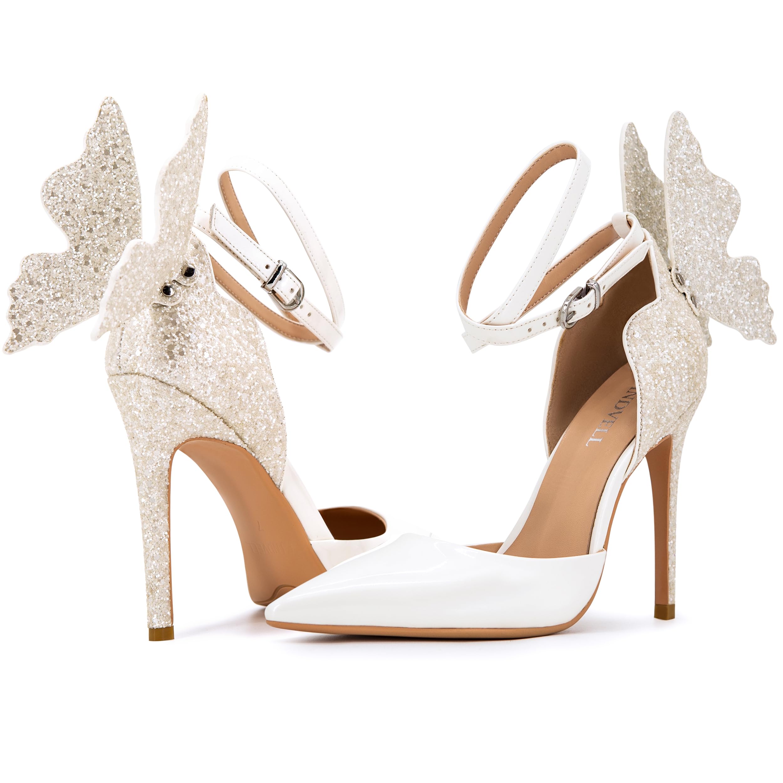 FINDVELL Gold High Heels Butterfly Back Sexy Stiletto Pumps Closed Toe Sparkly Ankle Strap Heels Sandals Dress Shoes for Women: 7.5 White