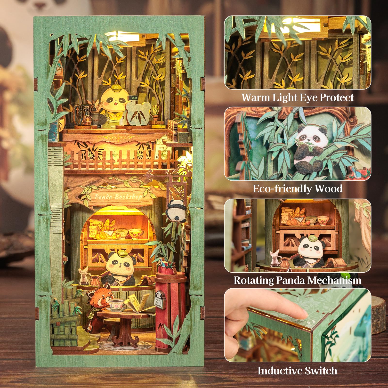 Fsolis Book Nook Kit, Per adulti Case delle bambole in miniatura con luce LED, Per reggilibri Libreria Libreria Decorazione 3D Puzzle in legno Regali per adulti (Panda Bookshop)