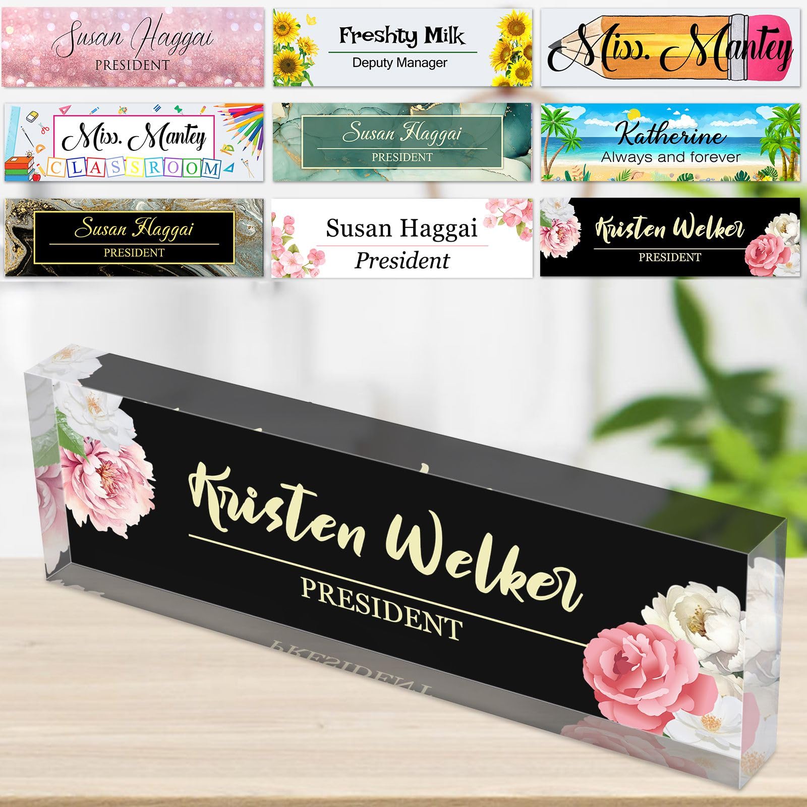 Acrylic Name Plate for Desk Personalised Custom Hibiscus Nameplates Bulk for Office Teacher Classroom Men Women Nurse Gifts — image 1