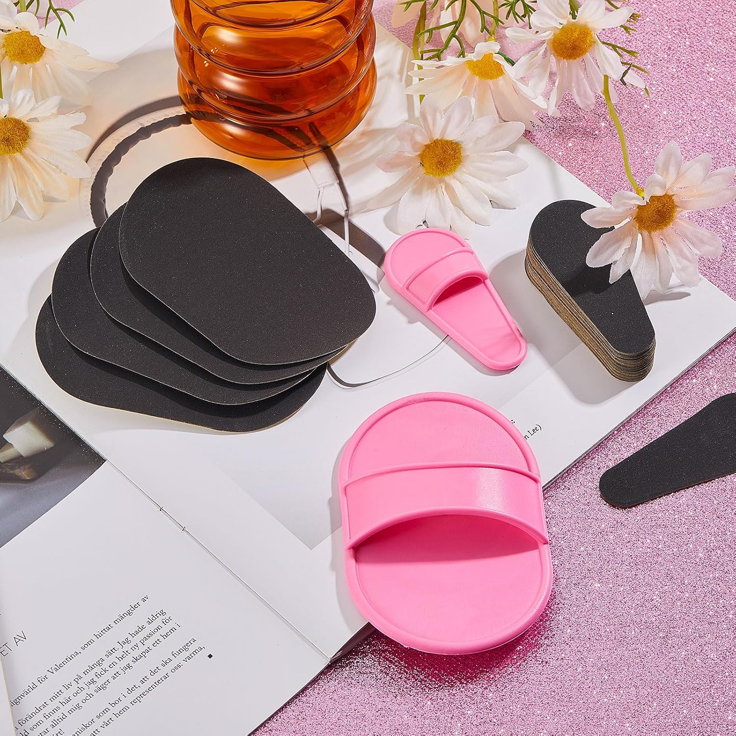 Chengu 62 Piece Crystal Legs and Facial Hair Removal Kit for Women- 2 Sizes Smooth Away Pads, 60 Fine Exfoliation Sandpapers for Lip and Skin Care(Pink, Black)