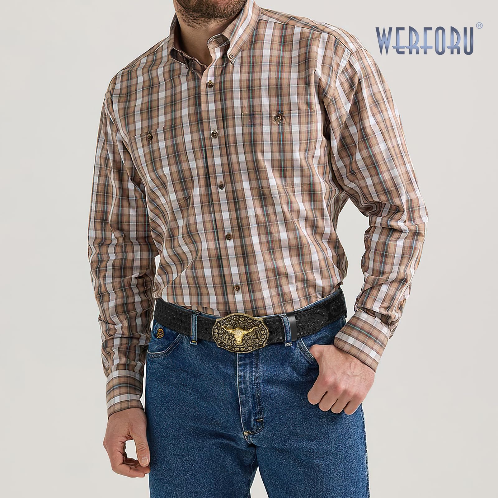 WERFORU Ceinture Cowboy en Cuir pour Hommes - Ceinture Western Homme Avec Boucle Taureau et Gravure Florale pour Jeans