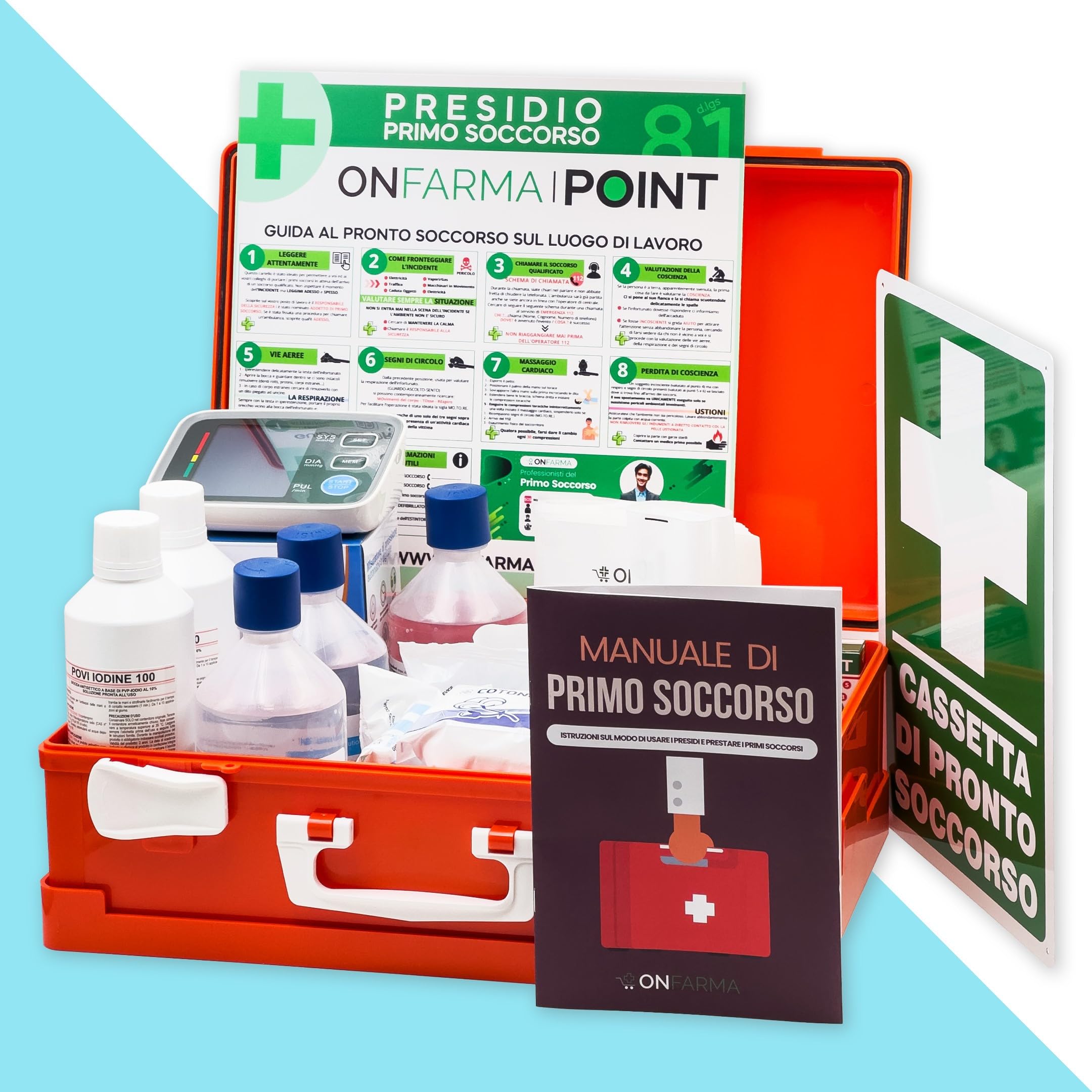 ONFARMA FARMA2 DIGIT BRACCIO con misuratore di pressione digitale da braccio Cassetta pronto soccorso Cassetta medica conforme DM 388 allegato 1 per aziende con 3 o più lavoratori
