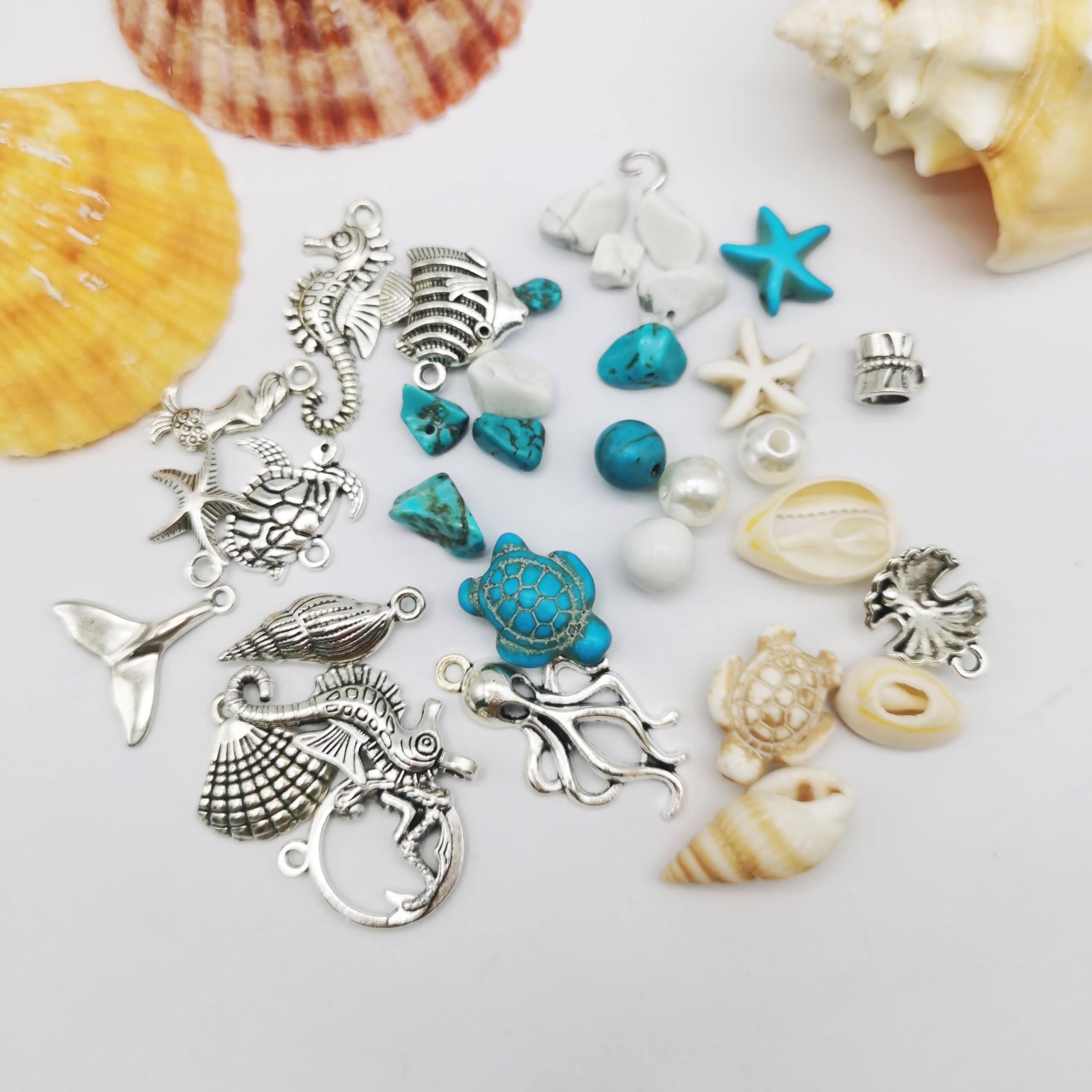 422 colgantes de aleación de plata antigua, conchas marinas, cuentas de turquesa hechas por el hombre, estrellas de mar, tortuga, océano, dijes para hacer joyas, collar de cuentas de playa 4