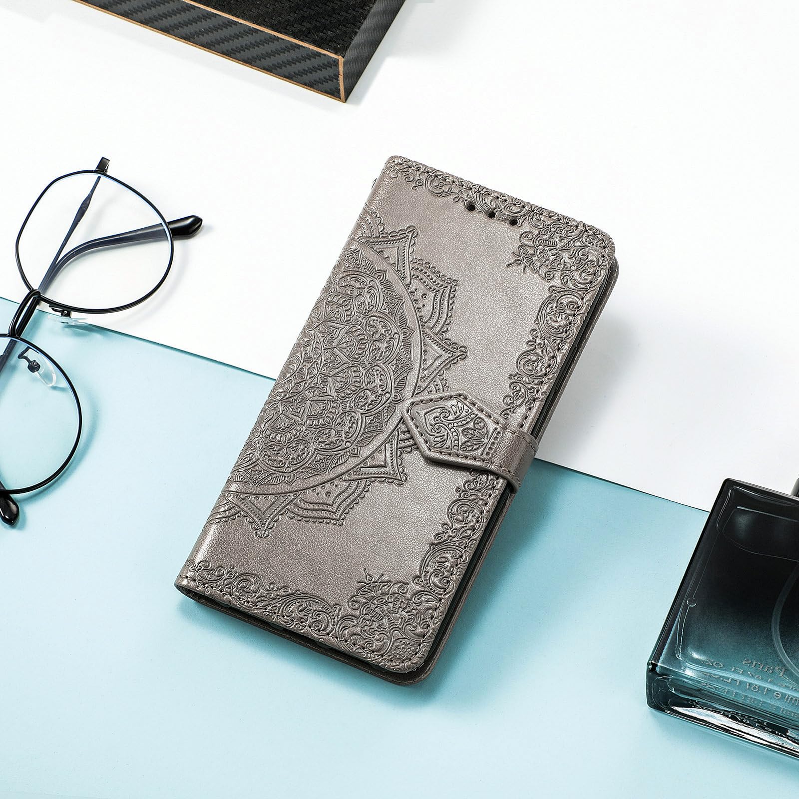 Fertuo Cover per Realme C67 4G, Custodia Portafoglio a Libro in Pelle Flip Cover con Porta Carte, Chiusura Magnetica [Disegni di Mandala] Case Antiurto per Realme C67 4G, Grigio