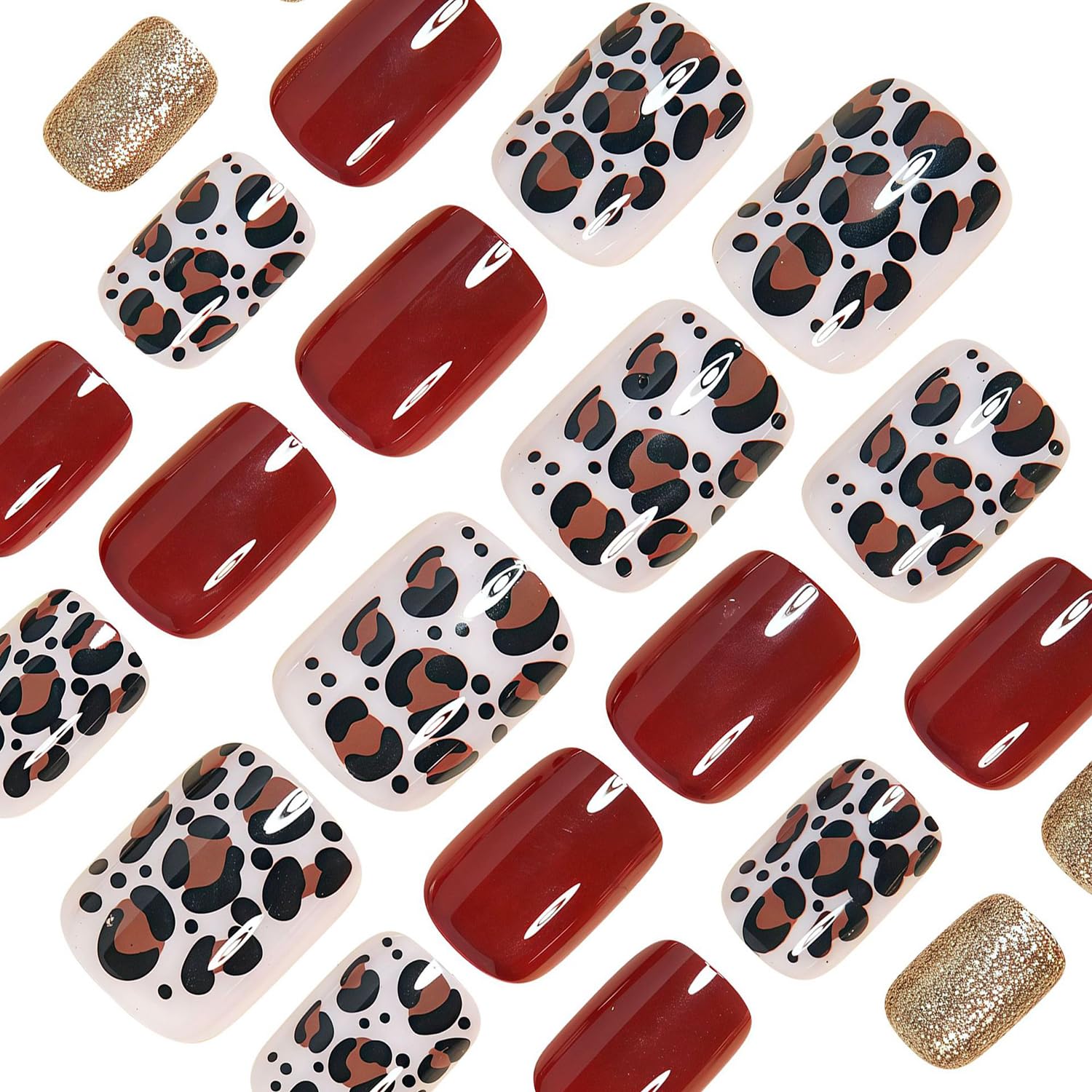 Wine Red Gradient Press On Nails With Gold Leaf And Heart Design_voghion.com