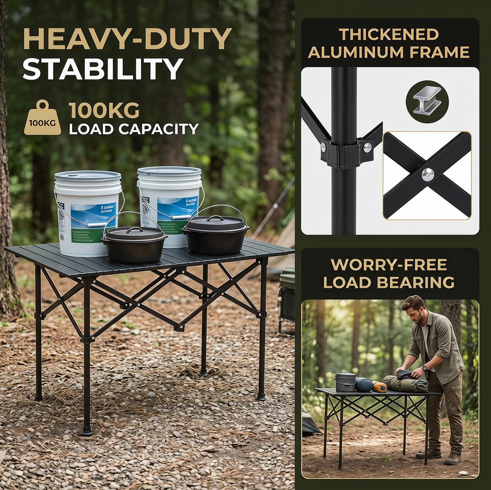 Table de camping pliable, plateau de table enroulable en acier au carbone, portable avec sac de rangement, dimensions 95 x 56 x 50 cm, pour pique-nique, jardin, cuisine, randonnée et voyage