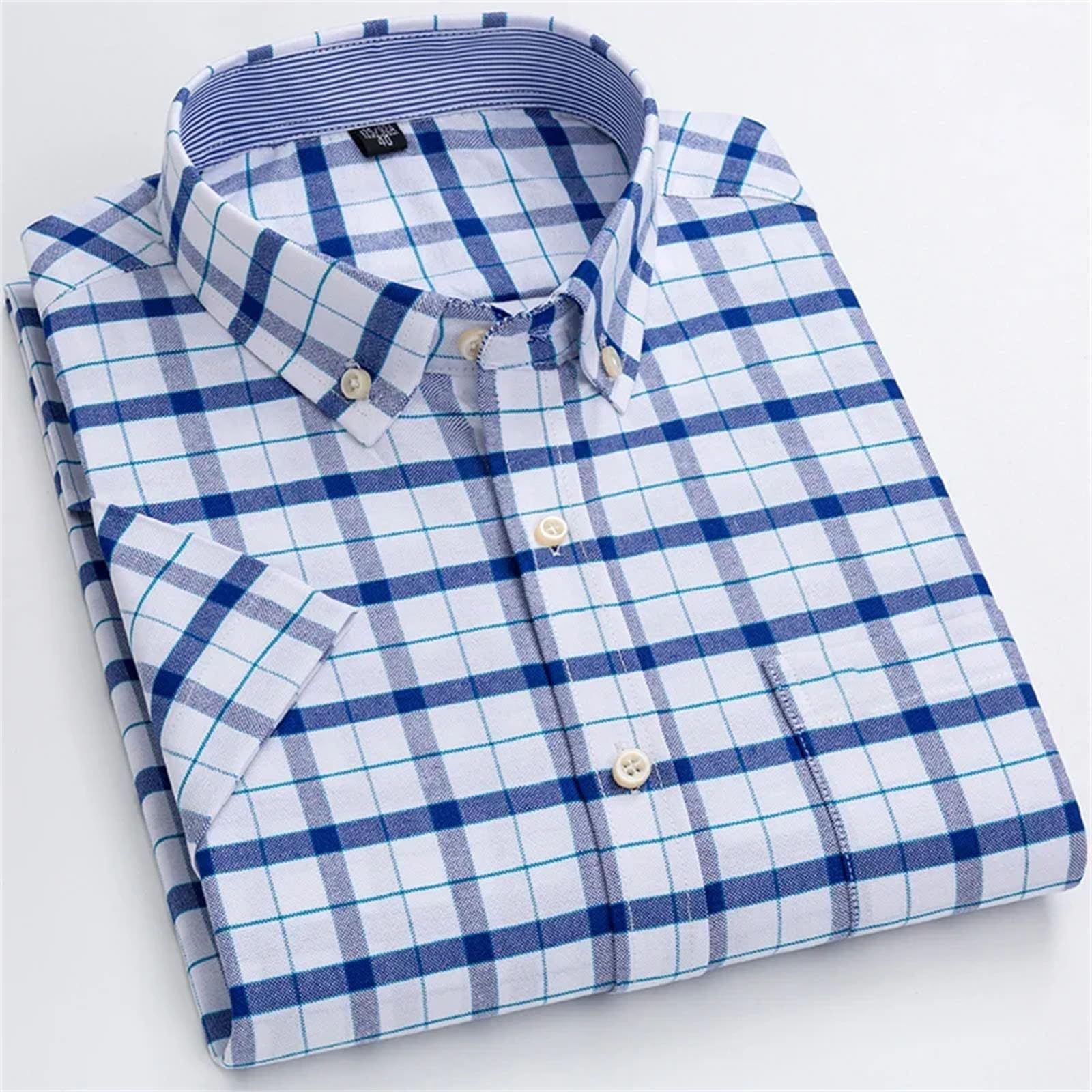 Camisa de algodón transpirable Oxford de manga corta a cuadros para hombre, diseño a rayas, ajuste regular, de gran tamaño, para uso diario