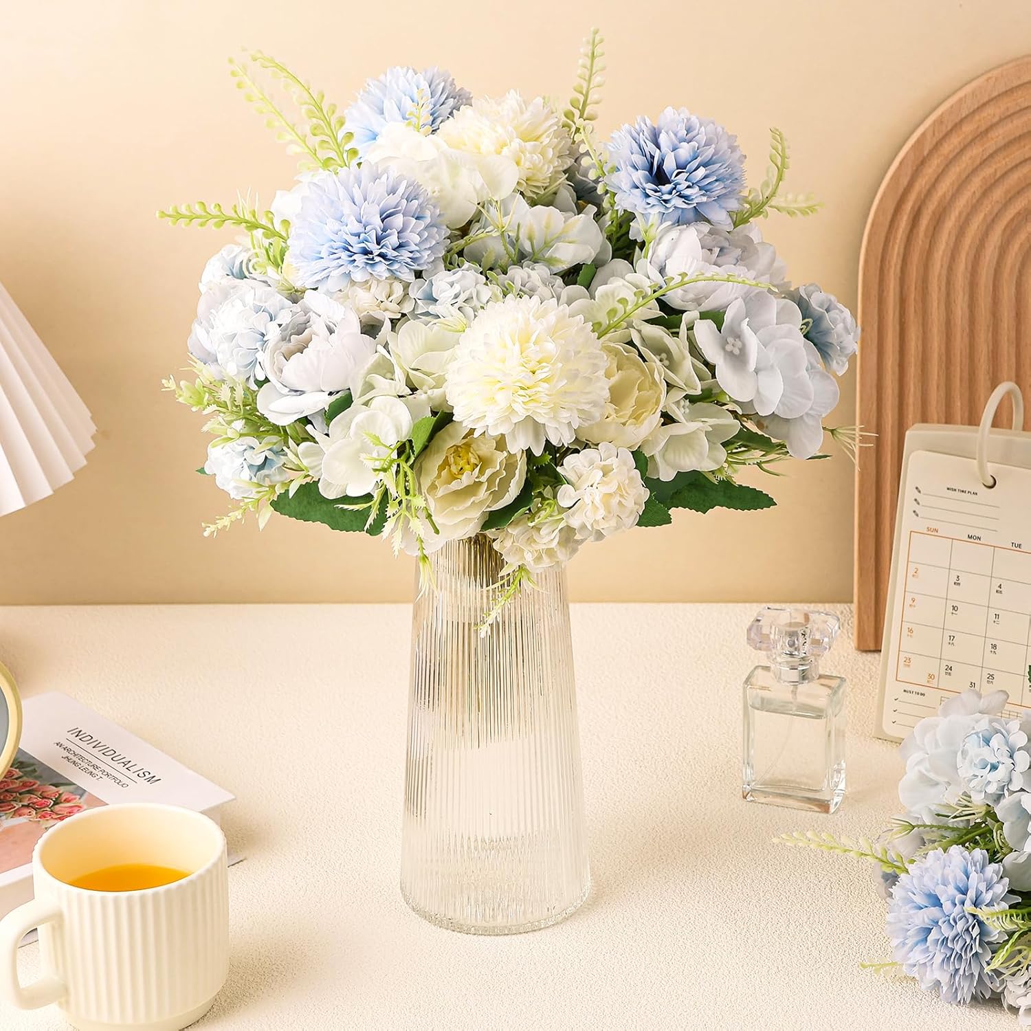 Olgaa 12 Bundles Peonies Artificial Flowers Silk Flowers Fake Peony Bouquet Faux Peonies Flowers Bulk for Wedding Decor Centerpiece Table Decorations (Blue White) - Image 3