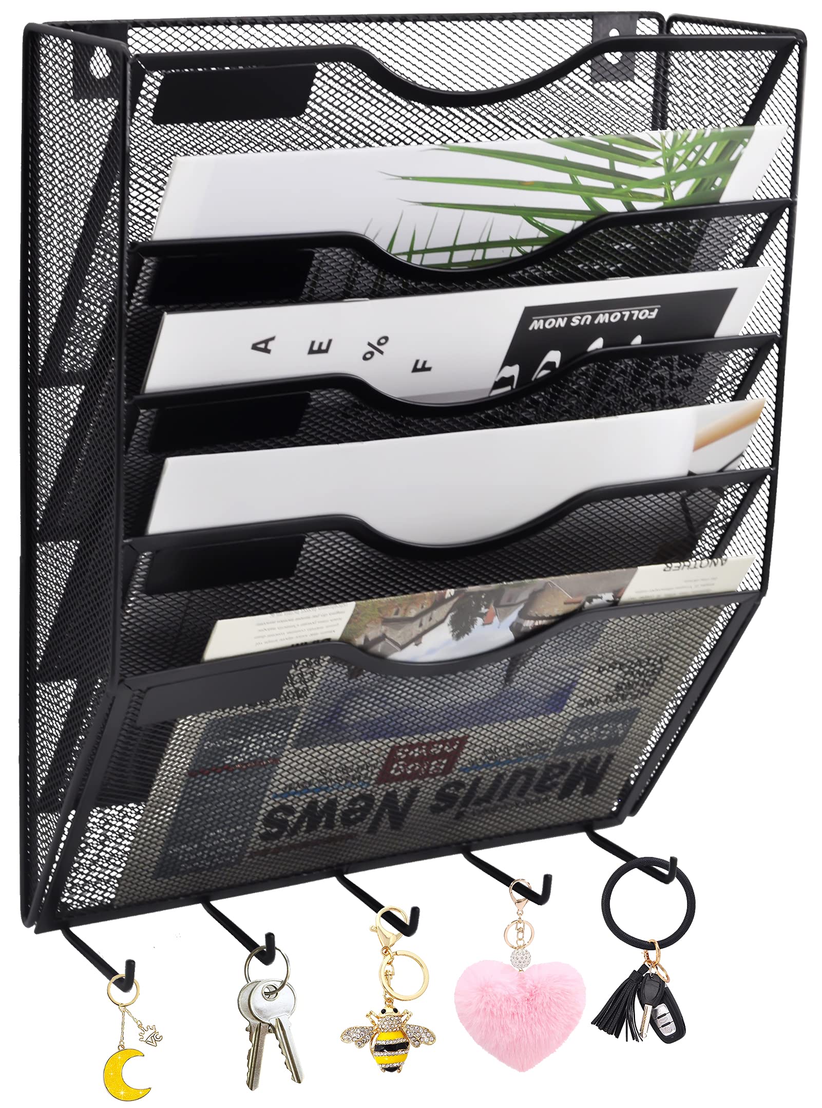 EASEPRES 5 Pocket Mesh Hanging File Organizer with Key Holder Hooks & Nametag Label, Wall Mounted Mail Paper Document Folder Clipboard Storage Organization Magazine Rack for Office Cubicle, Black