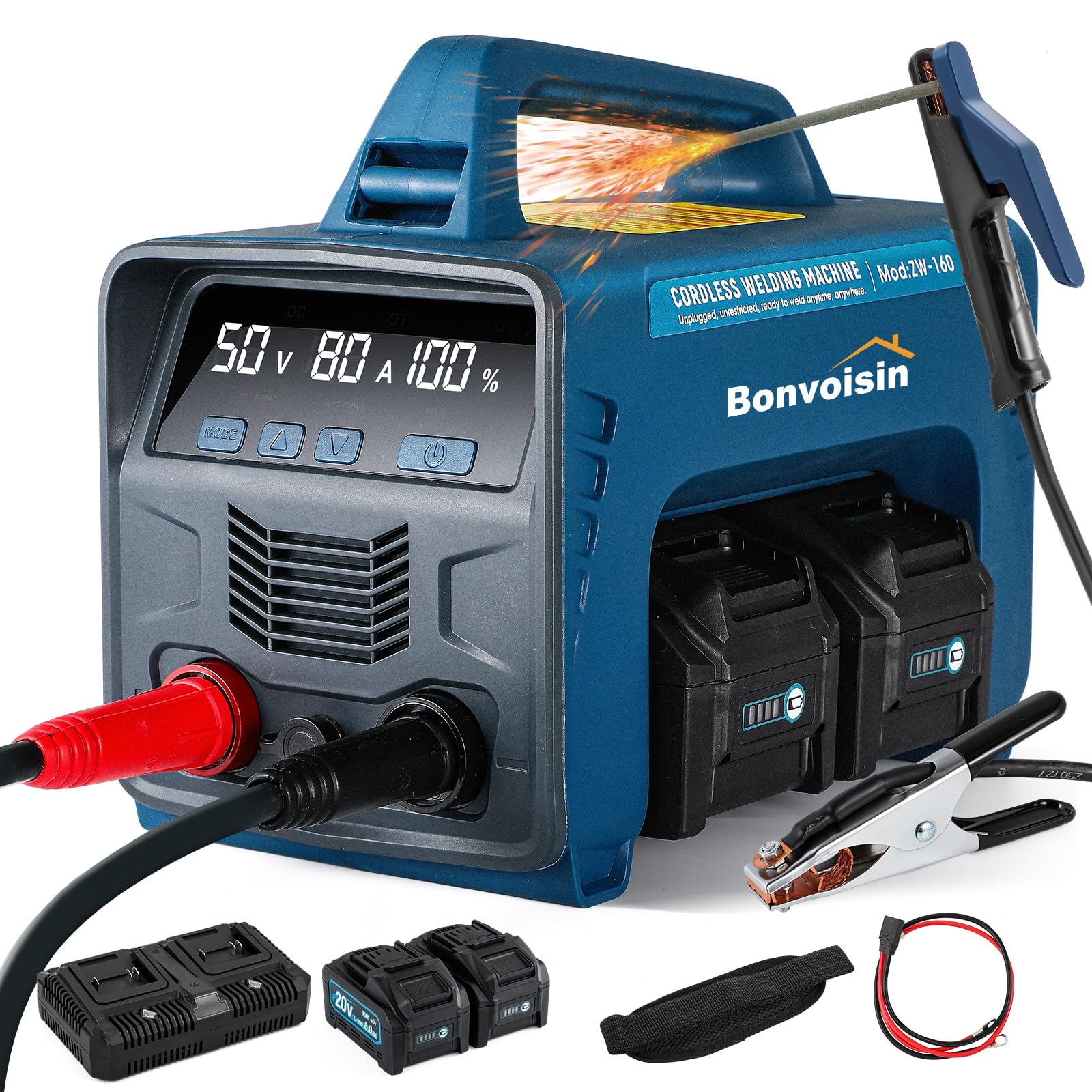 Bonvoisin Soldador Portátil a Bateria MMA 160A‌, Alimentada por Batería con ‌2 Baterías de 8000mAh‌, Inversor IGBT, Pantalla LED, con ‌Inicio Caliente, Fuerza Arco y Antiadherente (EU)