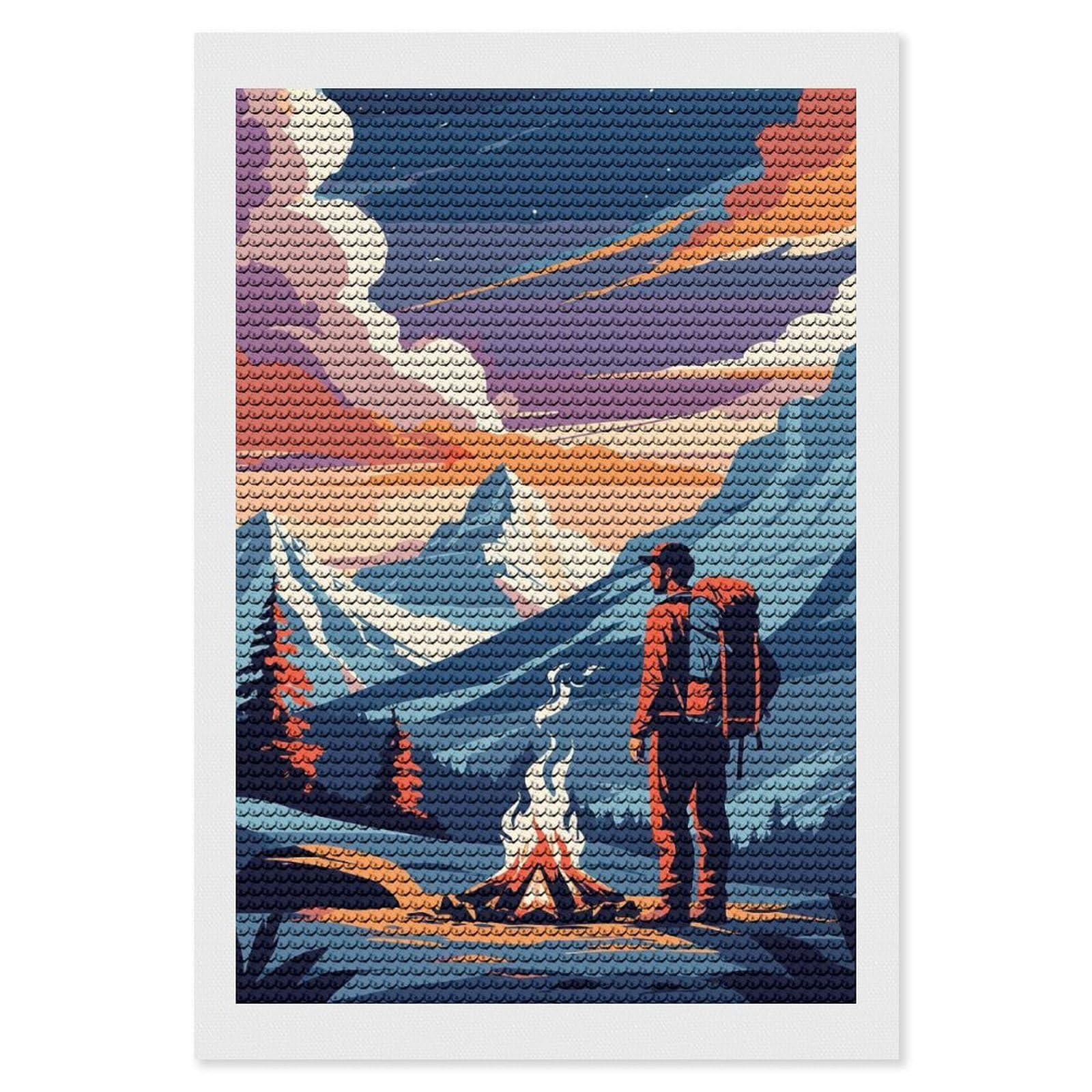 Junmoney Hiker by Campfire Mountain Landscape Art DIY Diamond Art Canvas Kit 8"x12", Winter Craft, Mindful Craft Project, Aesthetic Room Decor, Decor Project