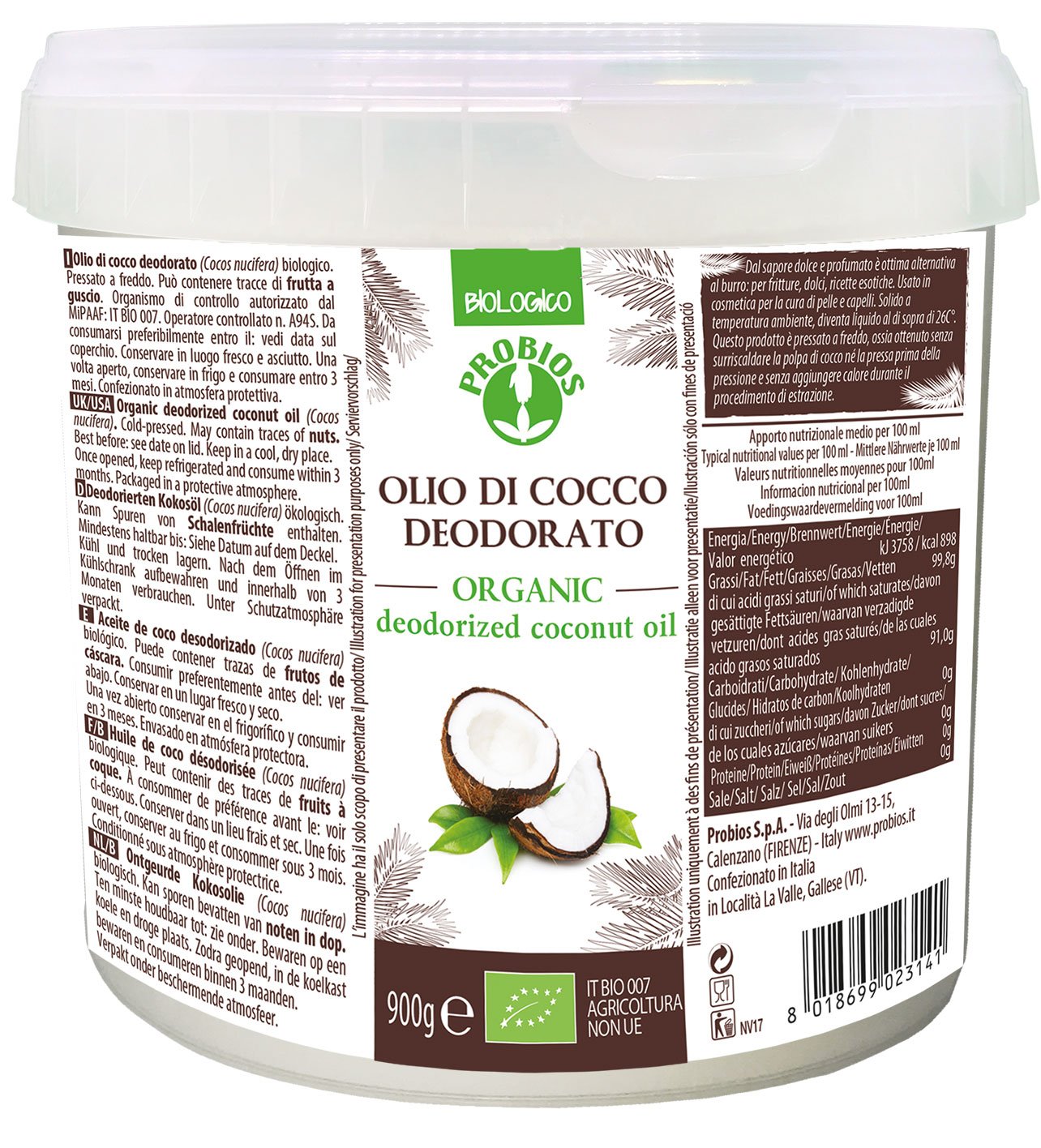Probios Aceite de coco ecológico, desodorizado – Aceite vegetal versátil para freír, hornear y platos exóticos – Aceite puro y ecológico sin aditivos – 900 ml