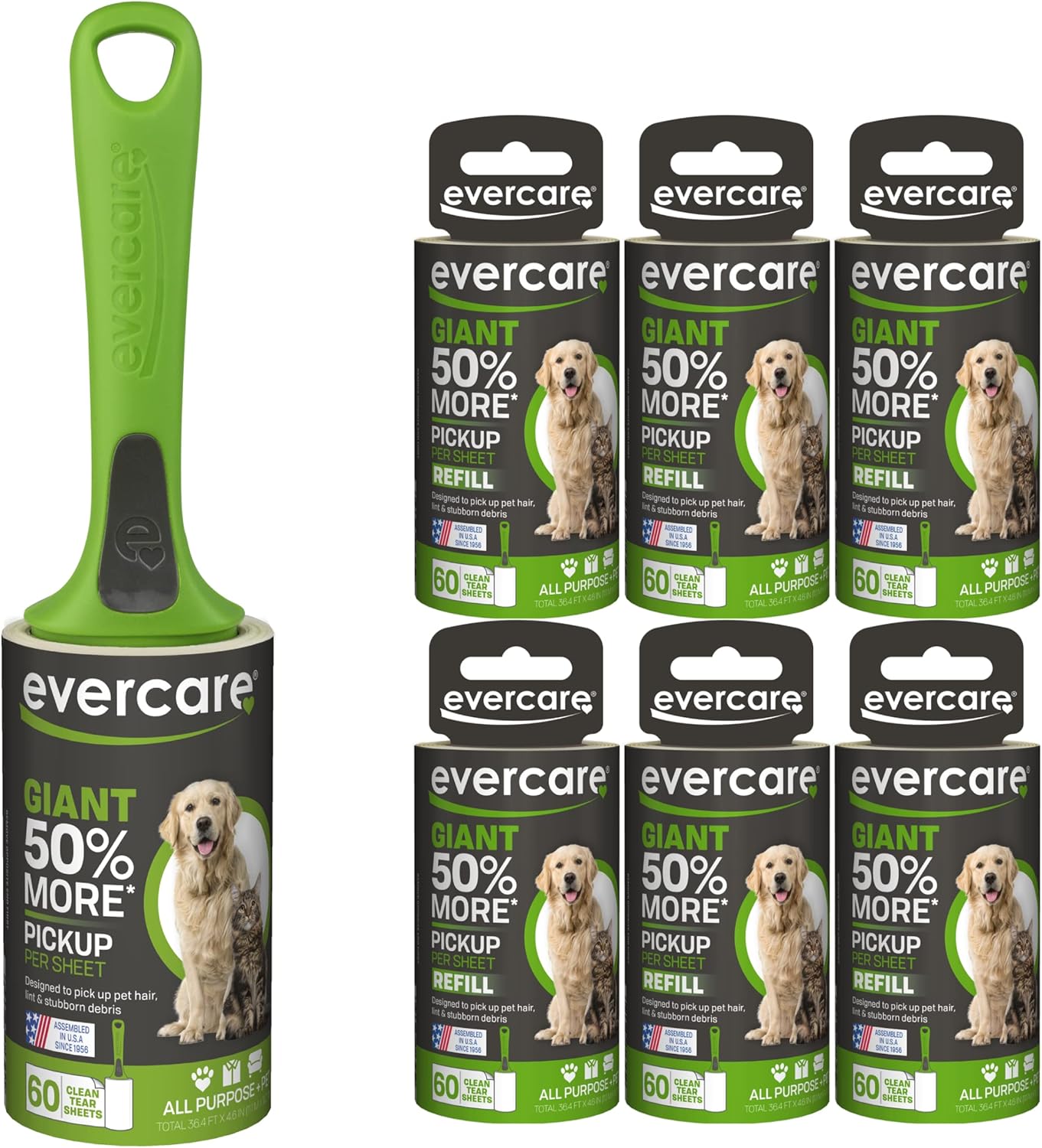 Evercare Pet Bundle Giant Pet Roller REFILLS - 6 Pack, Dark Green