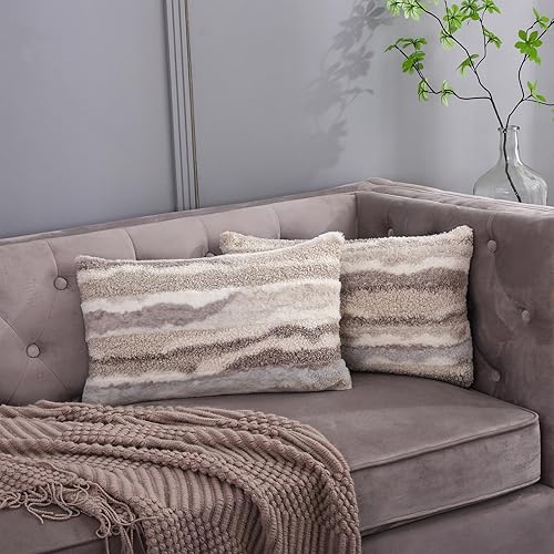 Juego de 2 fundas de cojín lumbar gris de 12 x 20 pulgadas, de pelo sintético, esponjosas, de felpa bohemia, mullidas, decorativas, decoración de