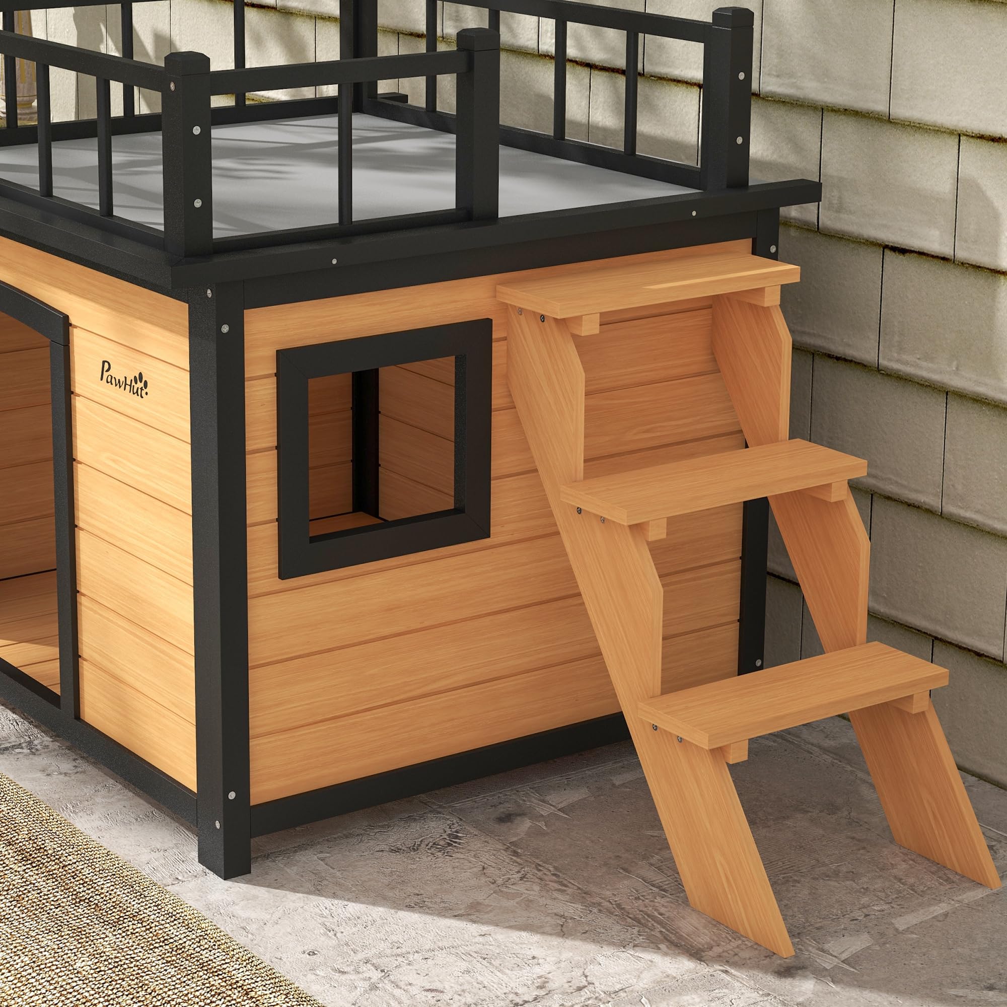 PawHut Niche pour chien Maison pour chien avec balcon, maison surélevée pour petits animaux avec escalier, fenêtre, niche pour petits chiens, bois de sapin, jaune, 121 x 77 x 78 cm