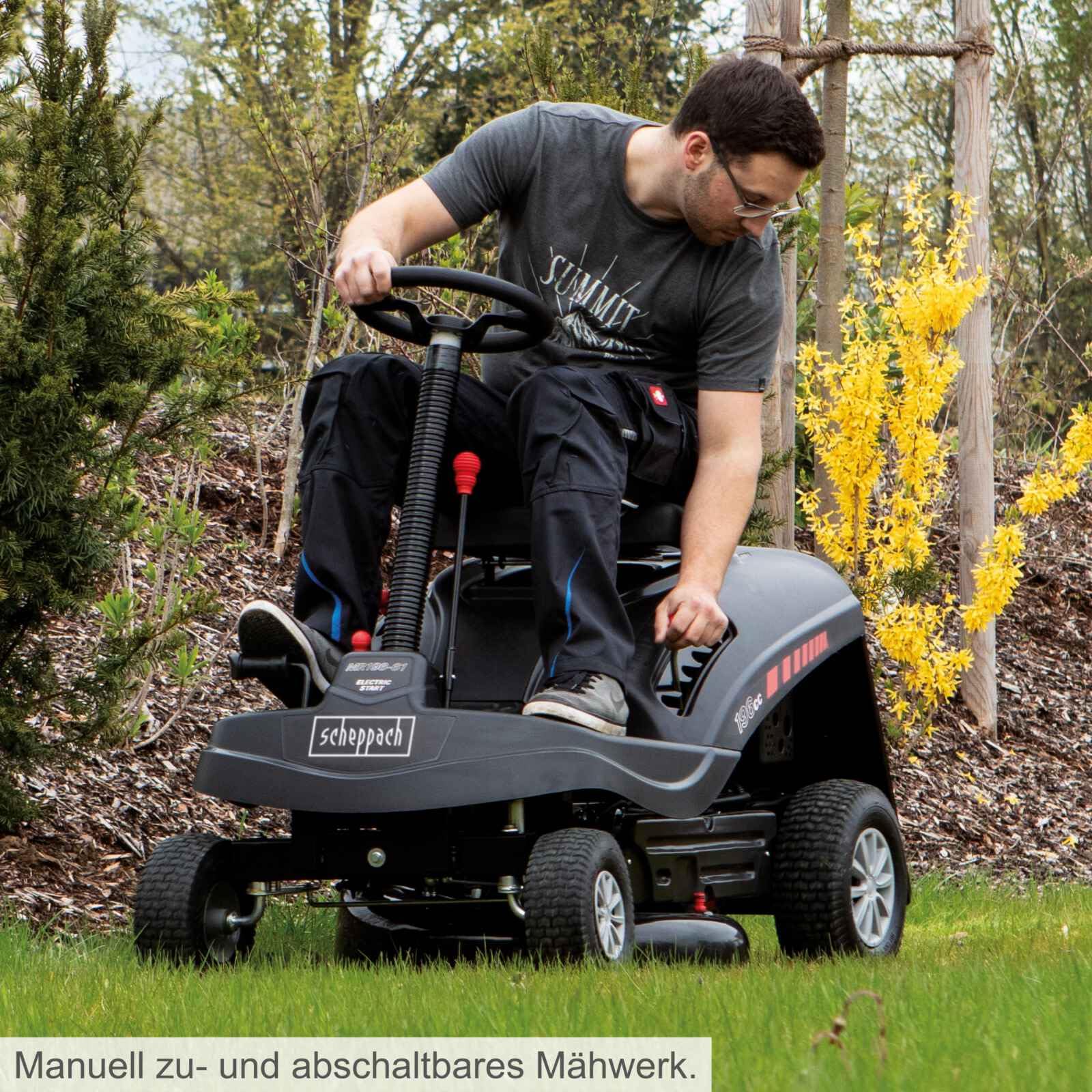 Scheppach Benzin Rasentraktor Aufsitzmäher MR196-61 | 6,5PS | Schnittbreite 61cm | 5-Fach Höhenverstellung | E-Start | 150 L Fangsack | 4X Vorwärts / 1xRückwärtsgang | Rasenmäher Aufsitzrasenmäher