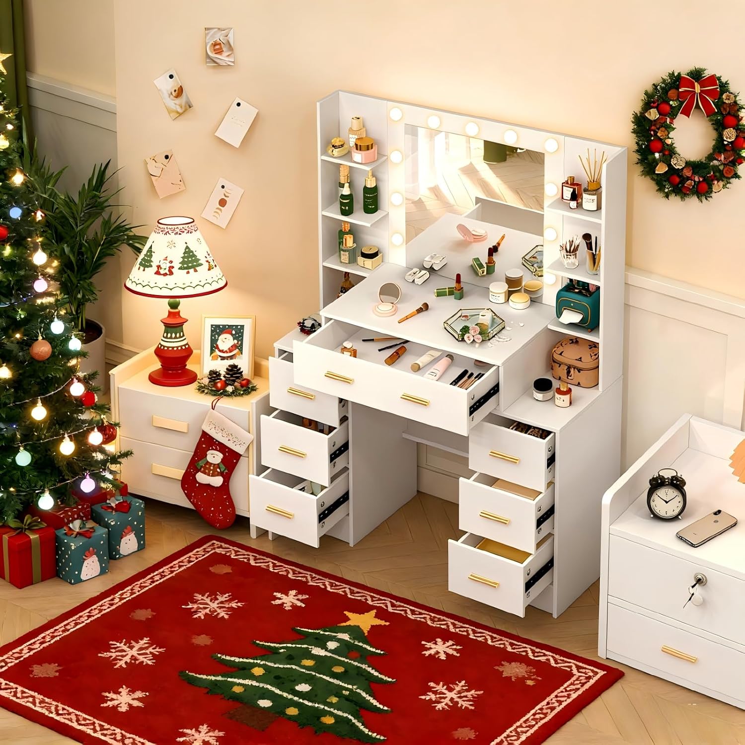 Makeup Vanity with Lights and Mirror, 7 Drawers Storage & 6 Adjustable Shelves, LED Dressing Table for Bedroom, 10 Hollywood Lights (3 Color Modes) Vanity for Women/Girls