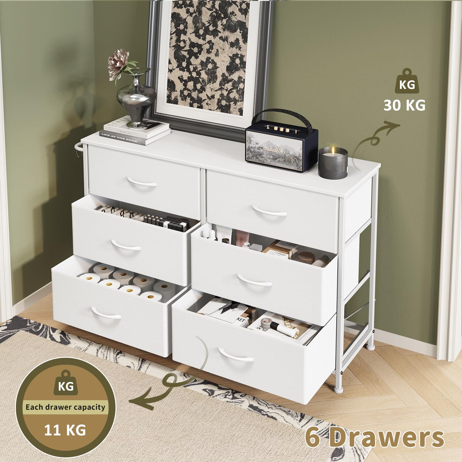 Cómoda, Cajonera, con 6 Cajones de Tela, con Tiradores, Marco de Metal Estilo Industrial, con Parte Superior de Mader, fácil de Montar, para Dormitorio, Sala de Estar, habitación de los niños, Armario