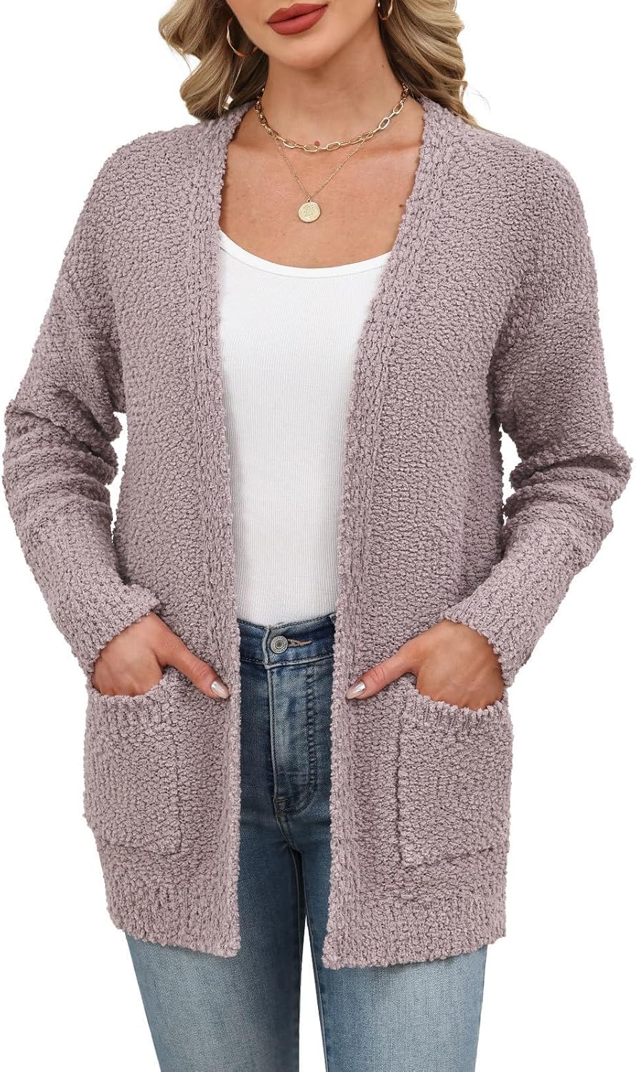 Women’s Popcorn Fuzzy Knit Cardigan Open Front Long Sweaters for Fall Winter - Image 4