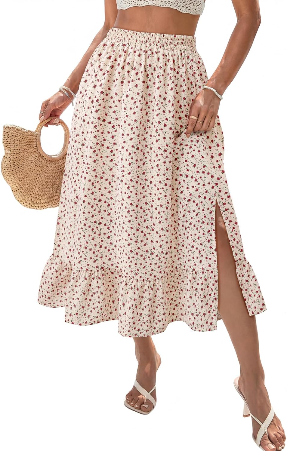 Gaharu Women Summer Boho Midi Skirt Flowy Elastic Waist Split Ruffle Long Skirts Floral Casual Beach Vacation Clothes