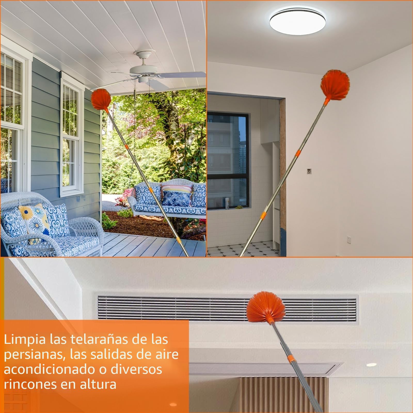 Plumero telescópico de 6 m, con plumero largo extensible de 1,5 a 4,9 m, cepillo de limpieza telescópico y cabezal de microfibra, limpiacristales con estropajo, cepillo de telaraña para huecos, techos