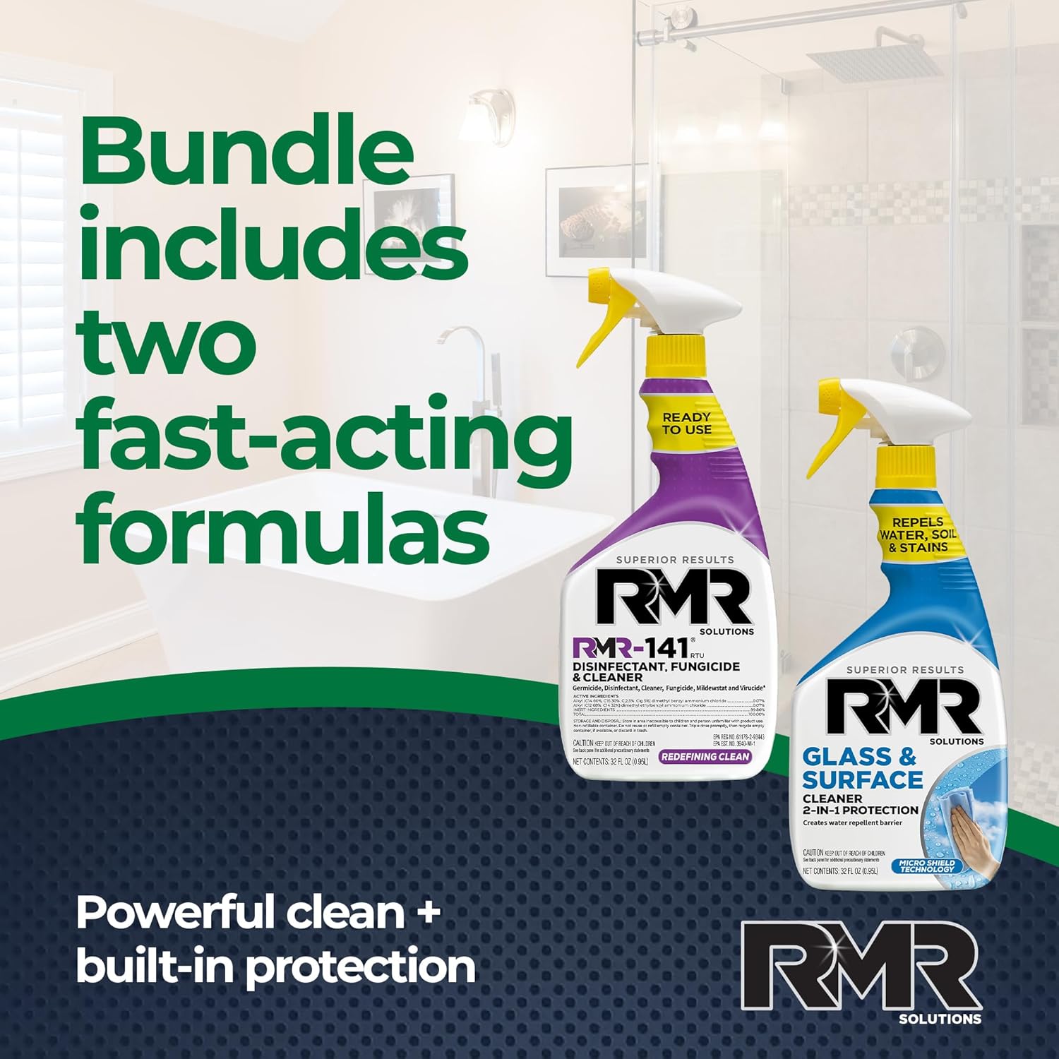RMR Defend & Detail Duo – RMR-141 EPA Registered Mold & Mildew Spray + Glass & Surface Cleaner/Repellent, 2-Step Clean & Protect System for Glass, Tile, Bathrooms, Surfaces, 2–32 Oz Bottles