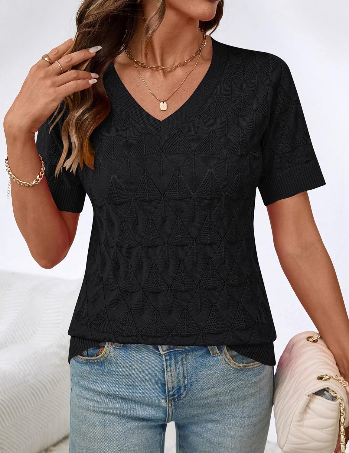 IECCP Womens Short Sleeve Sweater V Neck Summer Tops Lightweight Knit Pullover Blouses Business Casual Outfits - Image 3