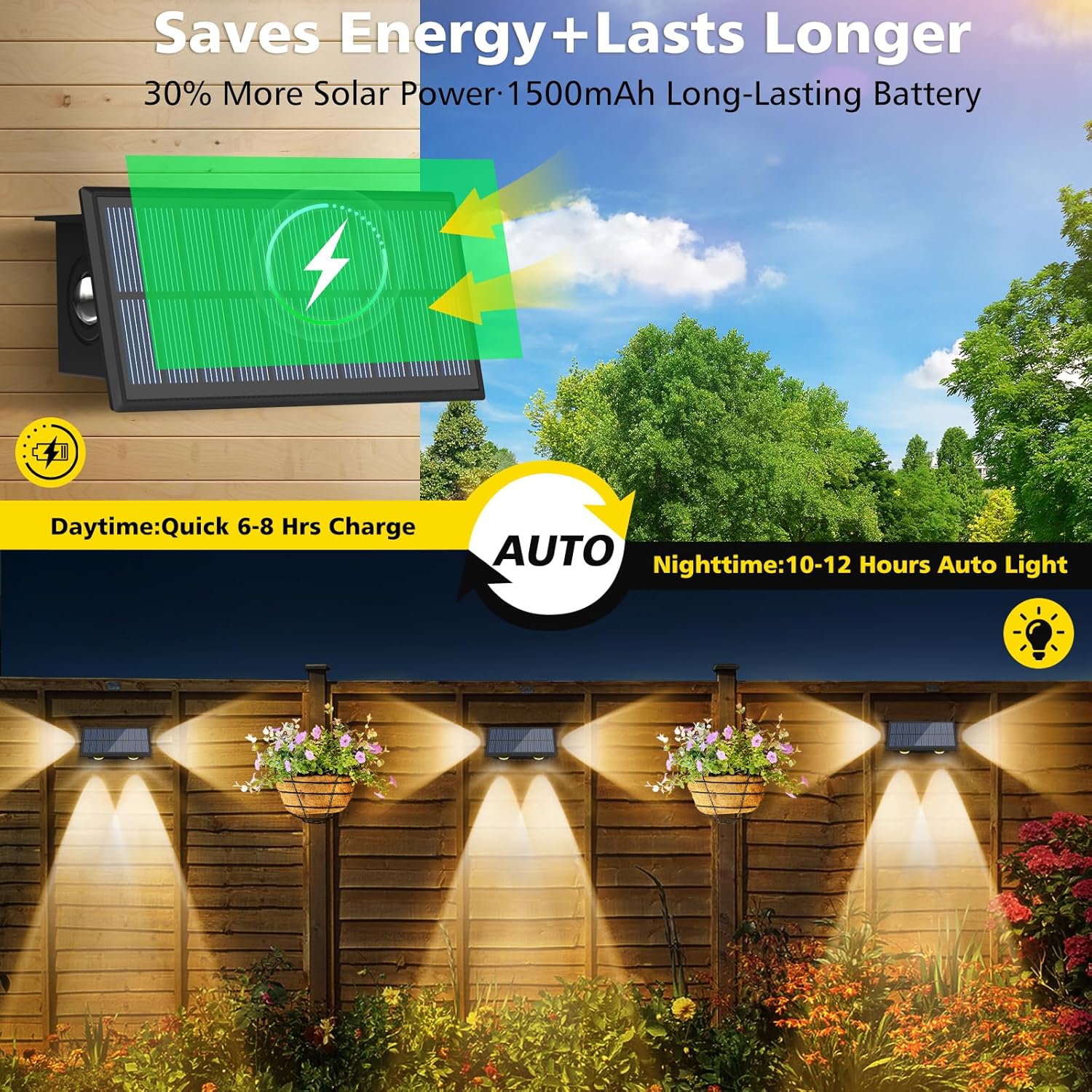 T-SUN Solar Fence Lights Waterproof LED Wall Lights Outdoor with 2 Bright Modes Warm White Solar Powered Dusk to Dawn Fence Light for Backyard Railing Patio Porch Pool 4 Pack