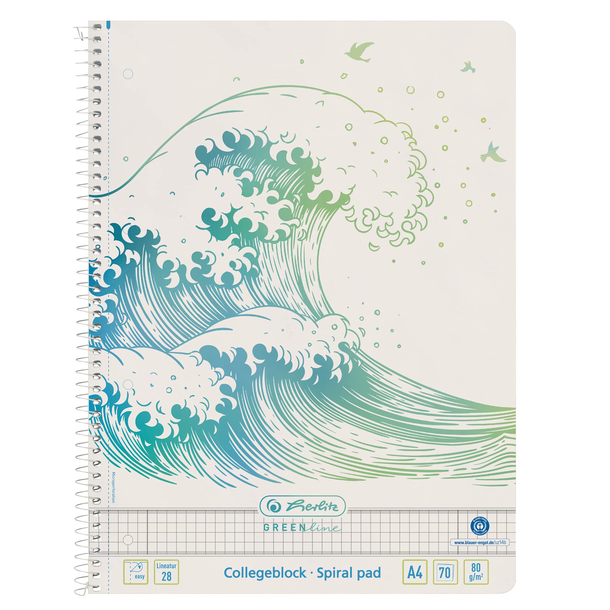 Herlitz 50033478 Spiral Pad A4 70 Sheets Squared with 2 Margins Greenline Wave Design Pack of 5