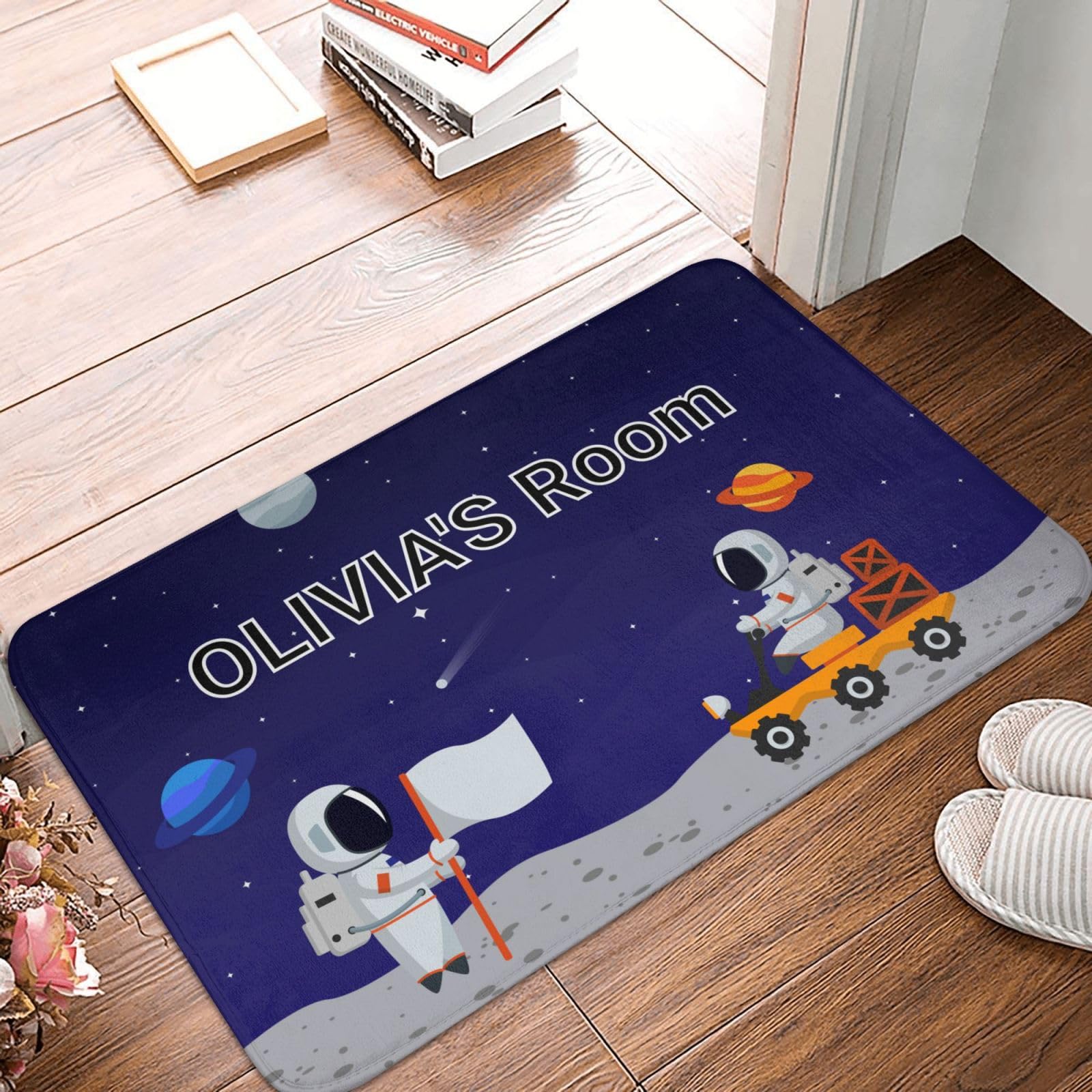 Custom Cute Astronaut Moon Rug Doormat Personalized Kid's Room Name Text Decoration Door Mat Customized Non-Slip Floor Carpet for Kids Boys Girls Room