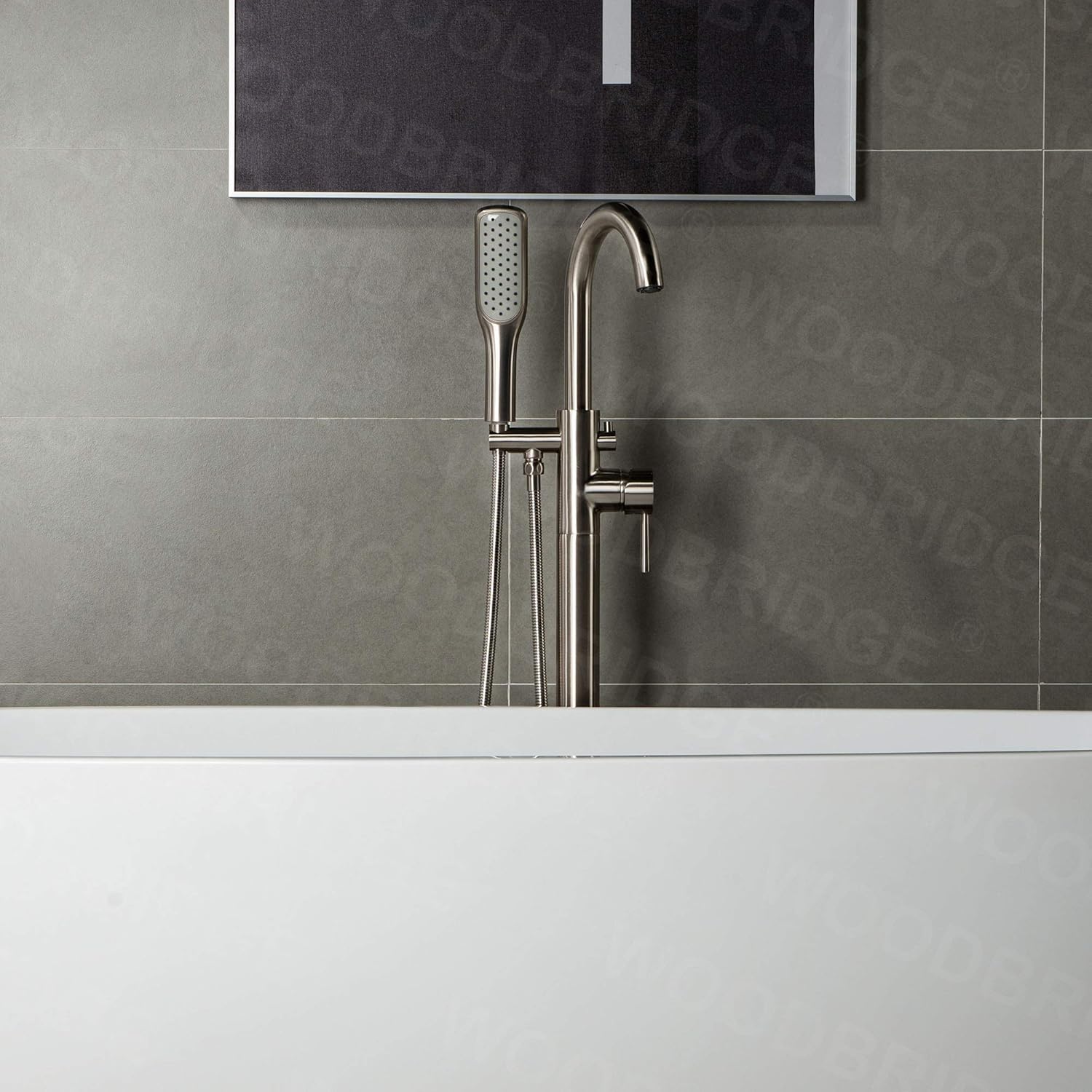 WOODBRIDGE WOODBRIDGEE Contemporary Single Handle Floor Mount Freestanding Tub Filler Faucet with Hand Shower in (Brushed Nickel) Finish,F0001BNSQ