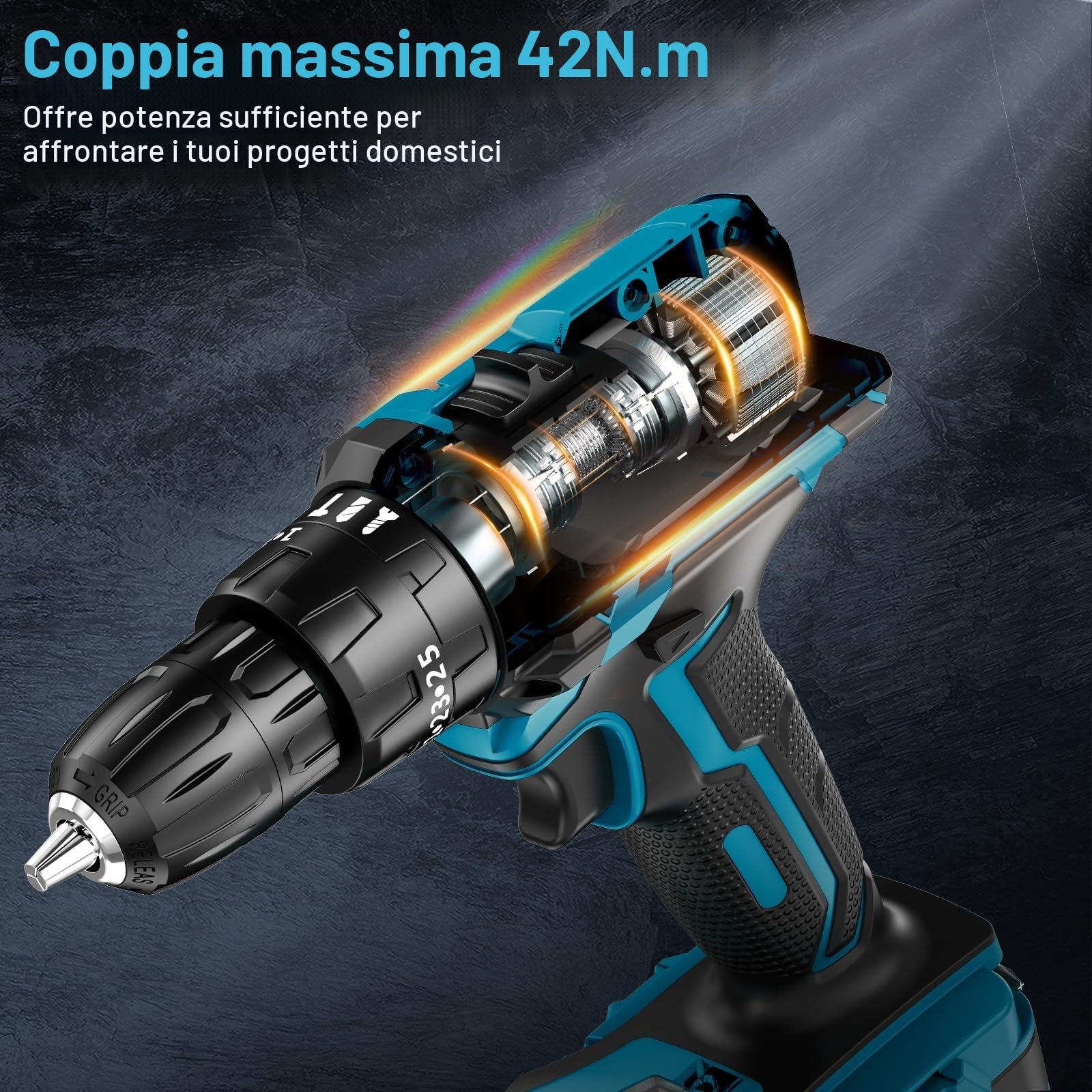 Trapano Avvitatore Batteria 21V, LEEIKOO Avvitatore a Batteria con Batterie 2.0Ah, 42N.m Avvitatore Elettrico, 25+3 Coppie, 2 Velocità, LED Luce(Sotto la Maniglia), 23PCS Accessori per Fai da te