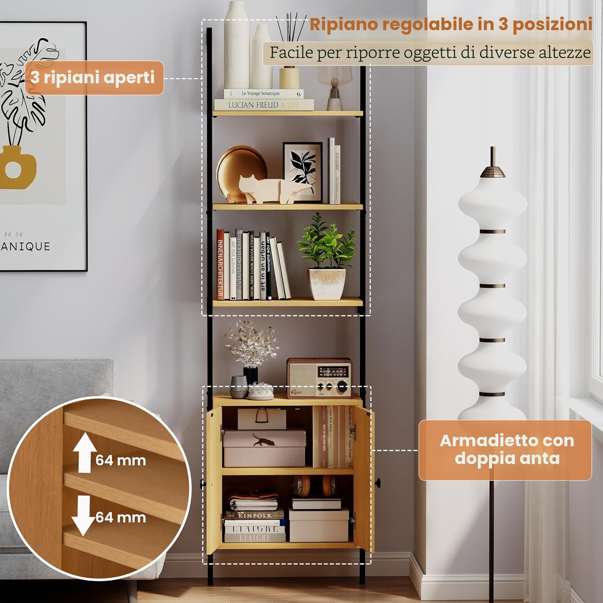 LIFEZEAL Libreria a 3 livelli, 184 cm, scaffale a scala con ripiano regolabile e armadio, mensola portaoggetti con ante in rattan e telaio in metallo per soggiorno, ufficio casa, camera da letto