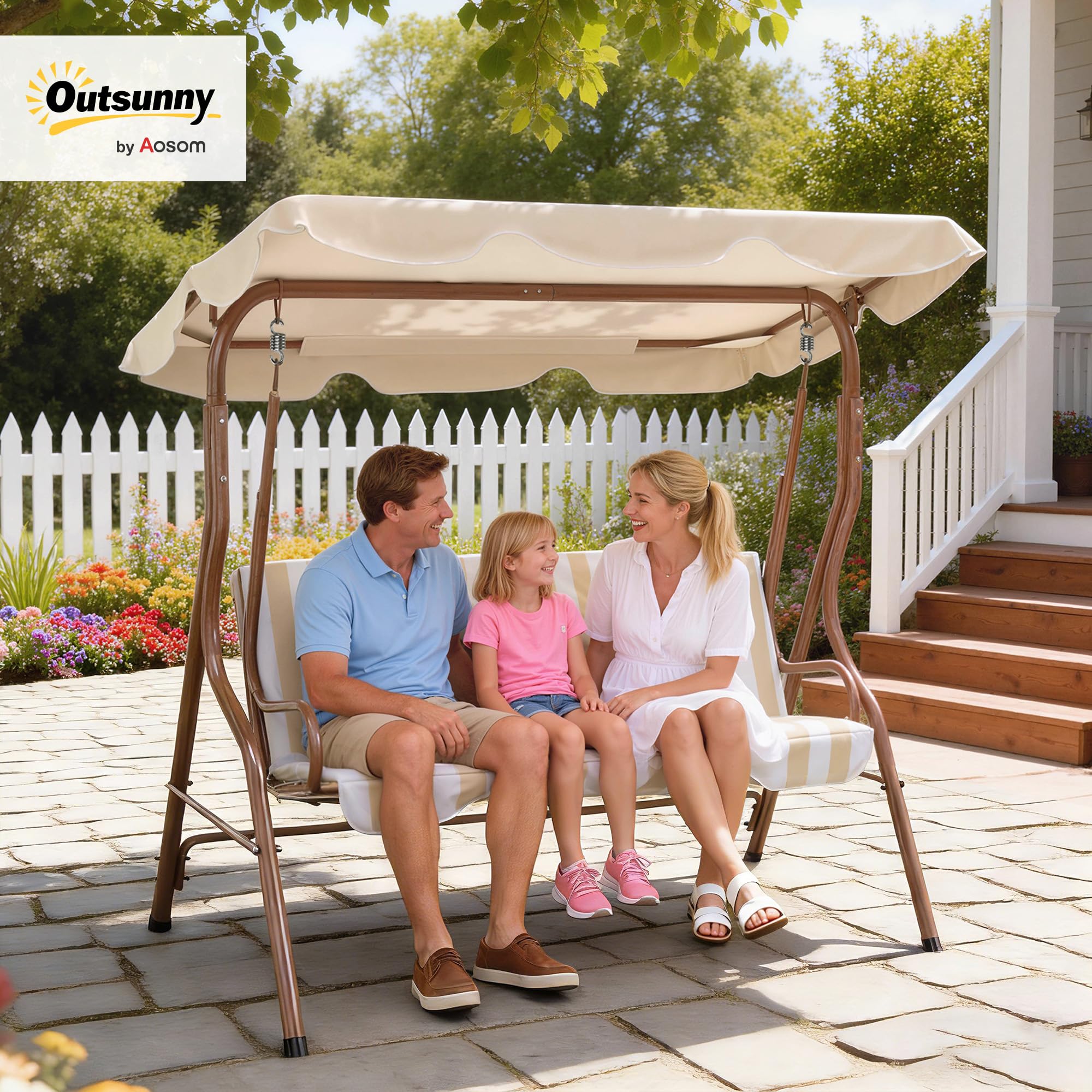 Outsunny Balancelle de Jardin 3 Places Toit imperméabilisé Inclinaison réglable Acier Polyester Marron crème rayé