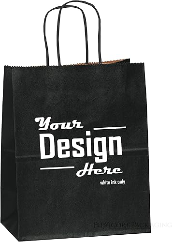 Flexicore Packaging Bolsas de papel kraft negro tamaño 8 pulgadas x 4.75 pulgadas x 10.25 pulgadas  Cantidad 25 bolsas  Color negro logotipo impreso