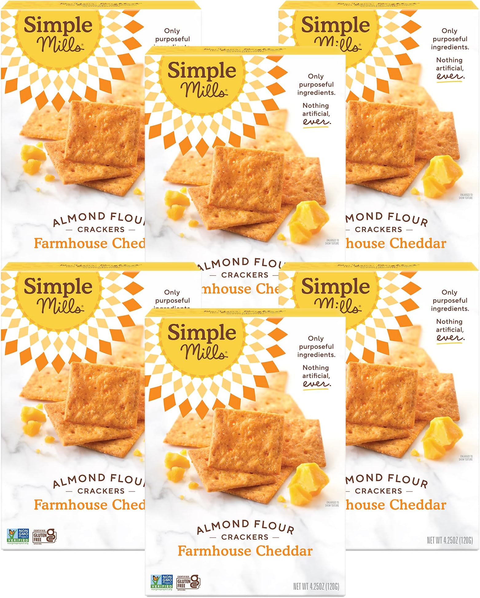 Simple Mills Farmhouse Cheddar Almond Flour Crackers, Gluten Free, Flax Seed, Sunflower Seed, Corn Free, Great for Snacking, Made with Whole Foods, 4.25 Ounce (Pack of 6)