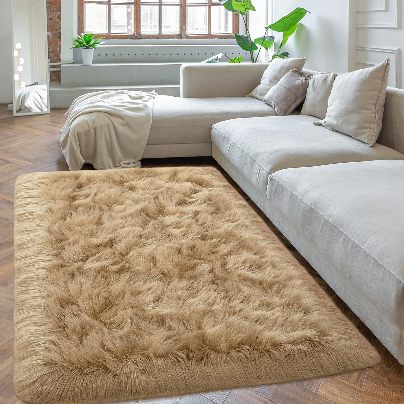 Softlife Fluffy Faux Fur Sheepskin Rugs Luxurious Wool Area Rug for Kids Room Bedroom Bedside Living Room Office Home Decor Fall Decor Carpet (Camel, 3x5 feet)