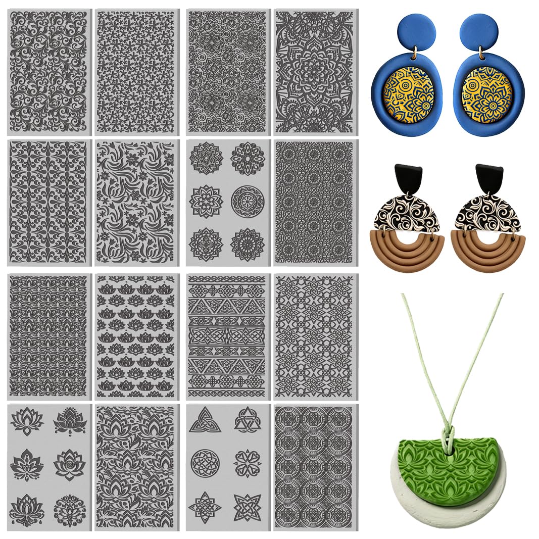 16 Sheets Retro Pattern Clay Texture Mat Mandala Flower Polymer Clay Texture Sheets DIY Tools for Pottery Earring Jewelry Making Stamp Engraving Machines, 3.9x2.6inch