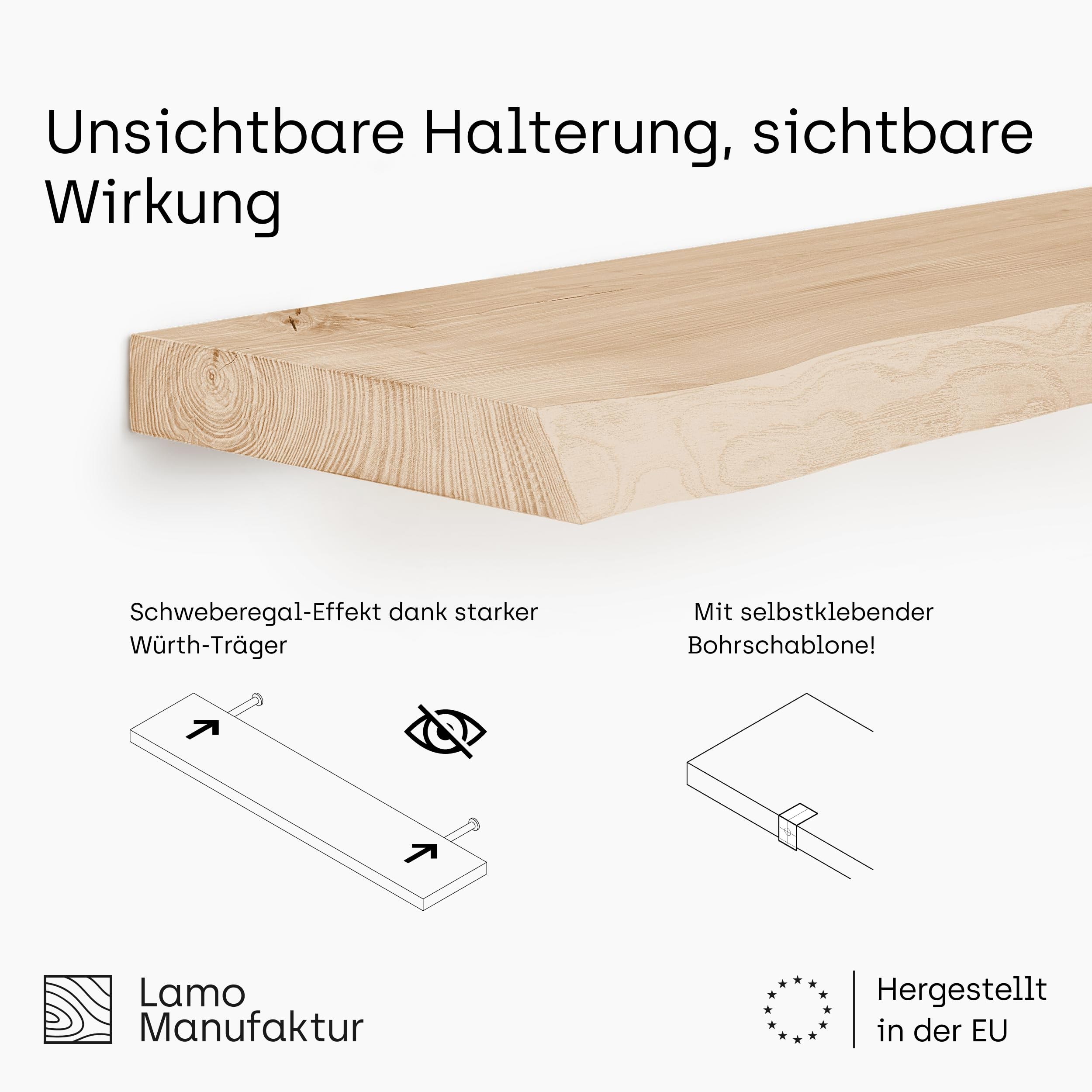 LAMO Manufaktur Schweberegal Holz mit unsichtbarer Befestigung | Wandregal 160 cm breit für Wohnzimmer, Home Office | Farbe: Rustikal, Kante: natürlich | Massivholz, modernes Design, Schwebende Optik