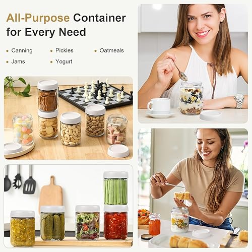 Miniatura 49 de NETANY Paquete de 12 tarros de vidrio de 16 onzas con tapas herméticas, recipientes de avena con tapas, tarros de ensalada Mason de boca ancha