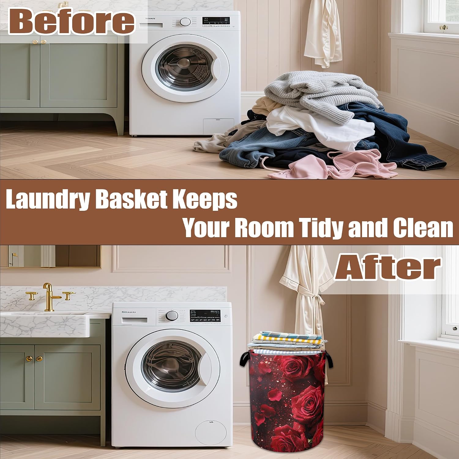 Red Rose Laundry Baskets,Laundry Hamper,Storage Basket with Handles for Bathroom Bedroom College Dormitory Living Room Nursery Organizer 16"x20.8"