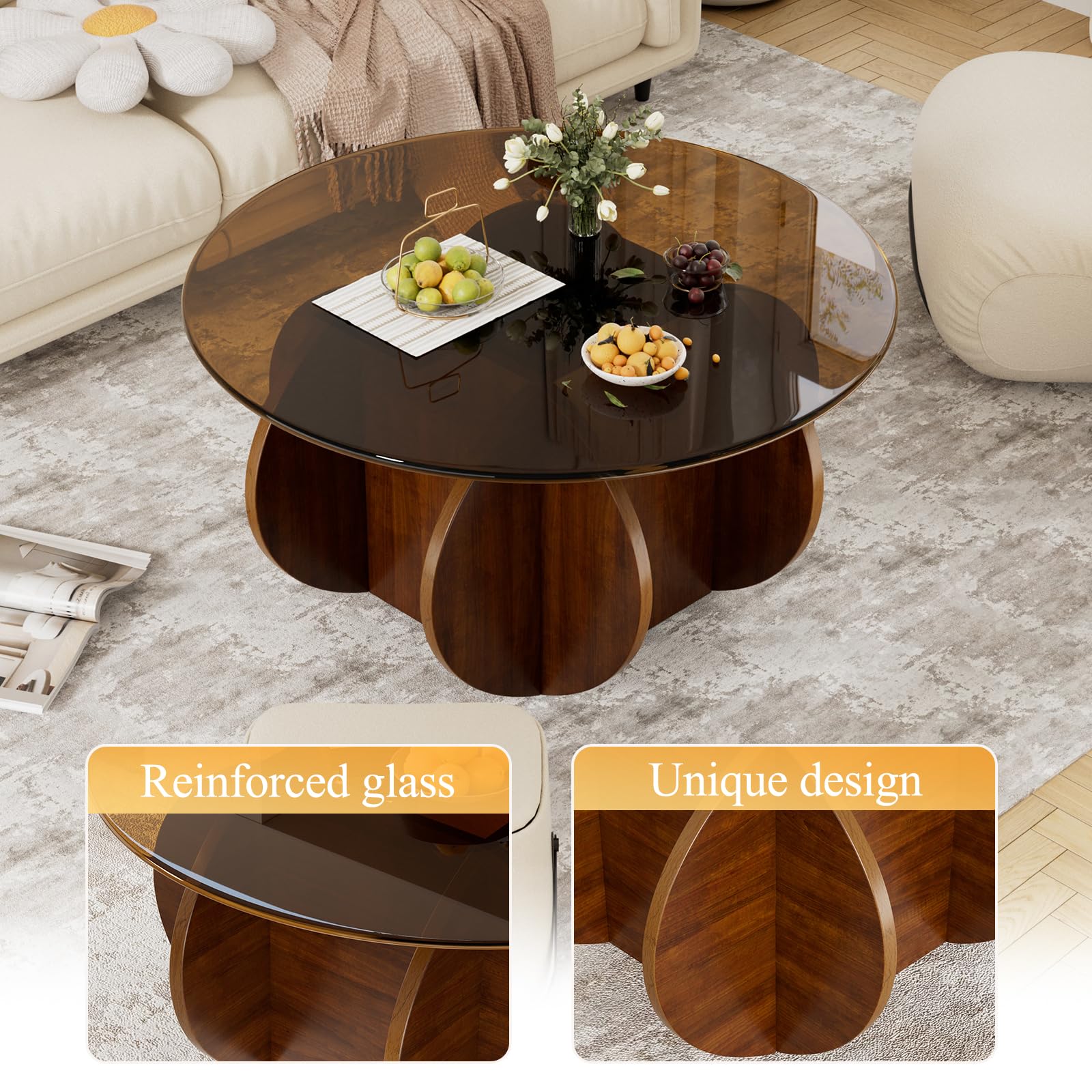 Mesa de Centro Redonda de Cristal Templado con Base De Madera Mesa de Salón Redonda Mesa Auxiliar Redond Mesa de Café de Salón Minimalista Mesita Baja Sofá para Salón Dormitorio Oficina Ø60cm * 40cmH