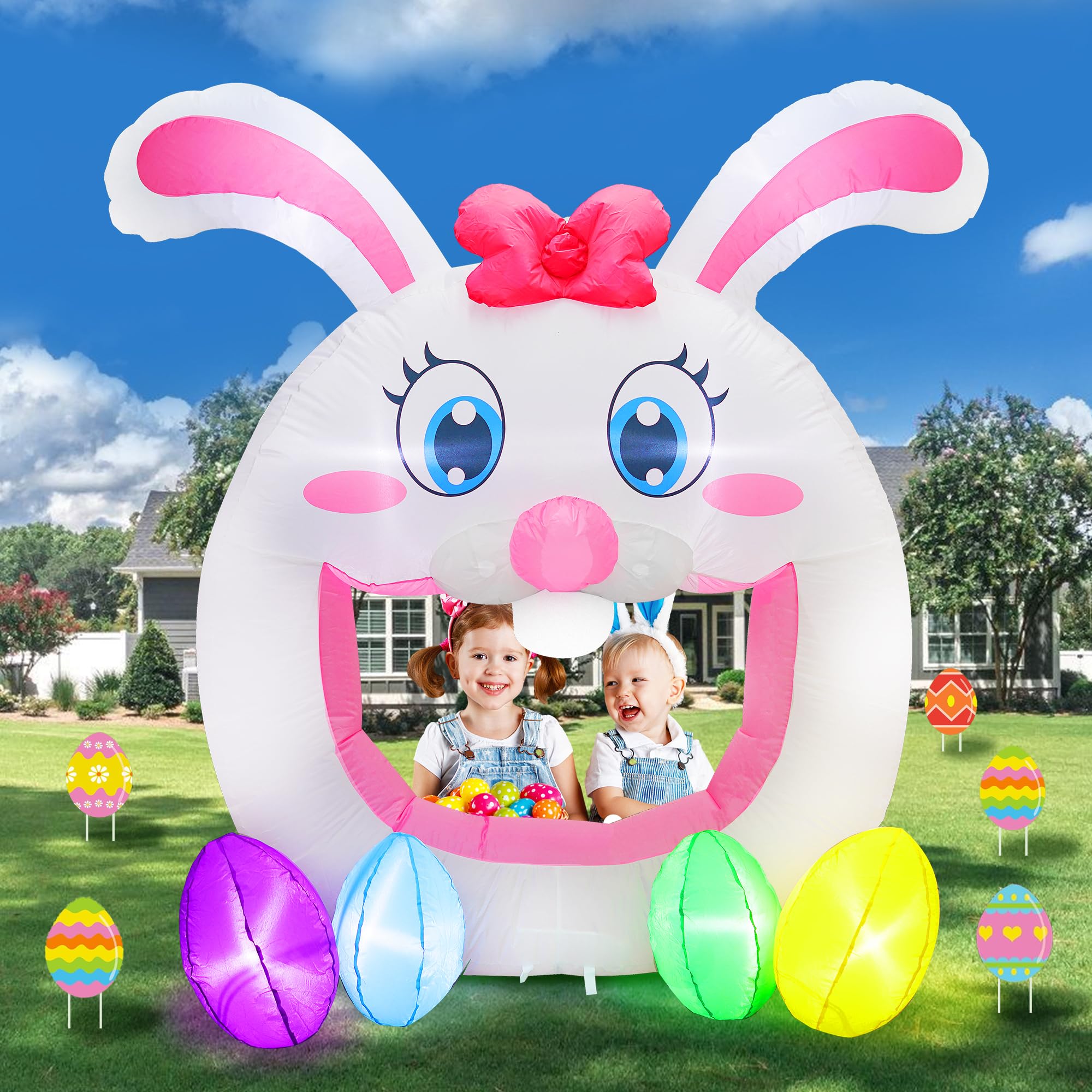 6FT Tall Inflatable Easter Bunny Peek a Boo Decoration Inflatables Rabbit Egg Hunt Blow Up LED Sign Decorations for Yard Garden
