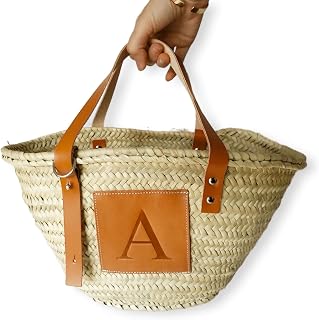FRENCH BASKET Customized Tan Leather Straw Basket, Beach bag. Bridesmaid gifts, gift for her