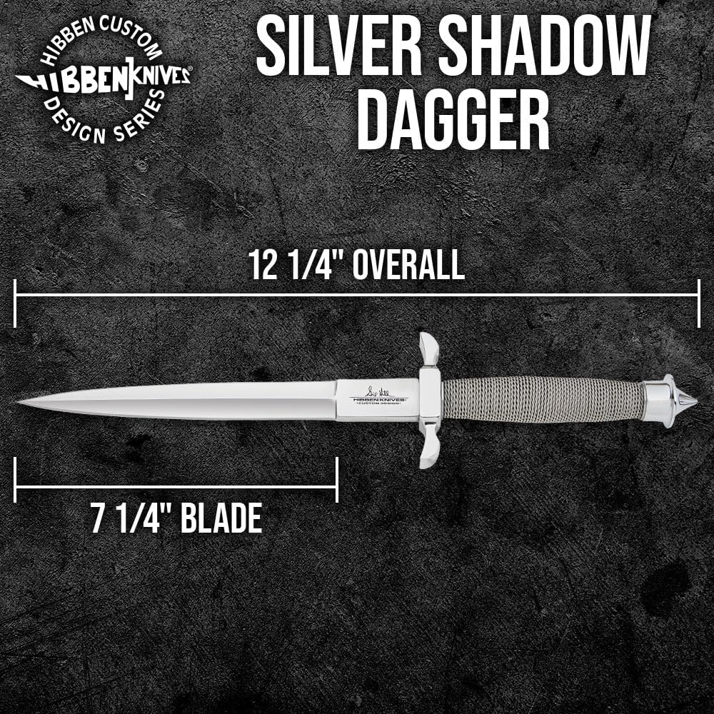 GIL HIBBEN Silver Shadow Dagger Knife With Leather Sheath - Double-Edged Stainless Steel Blade, Wire-Wrapped Handle, Signature Stamp, Must-Have for Hibben Collectors - Length 12 1/4"