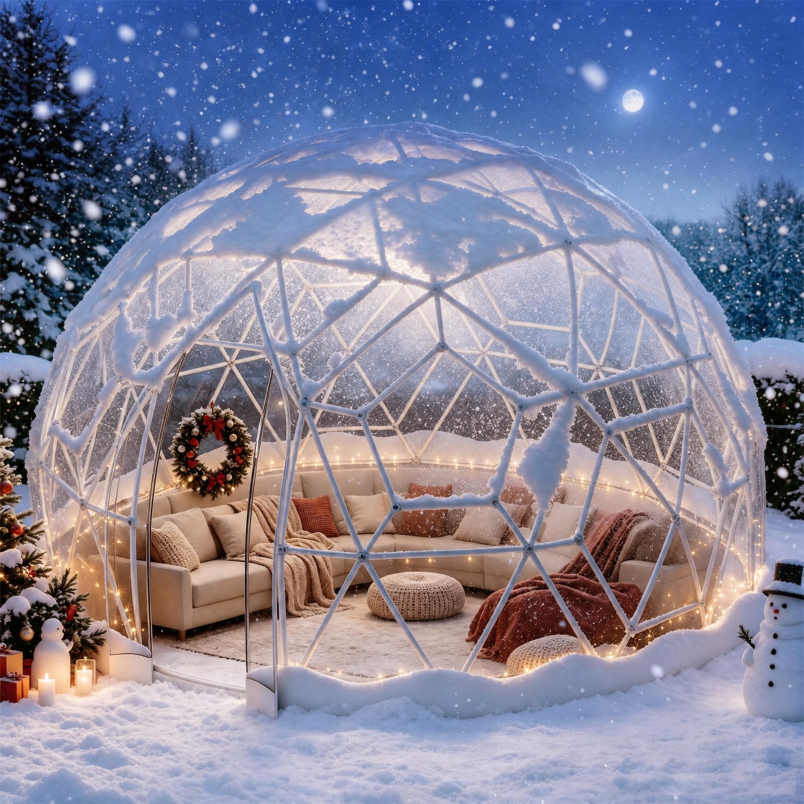 3,6M x 2,2M Gewächshaus Gartenkuppel Igloo, TPU Geodätische Blasenzelt für 8 Personen, Gartenblasenzelt Gartenkuppel Igloo mit 2 Lichterketten, Durchsichtiges Kuppelzelt für Hinterhof, Hochzeit, WEISS