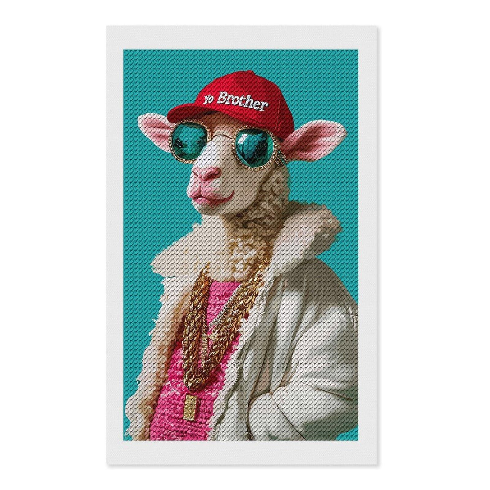 Junmoney Hipster Sheep Round Drill Diamond Painting 12"x20", Satisfying Creative Project, Complete Accessories, Printed Canvas