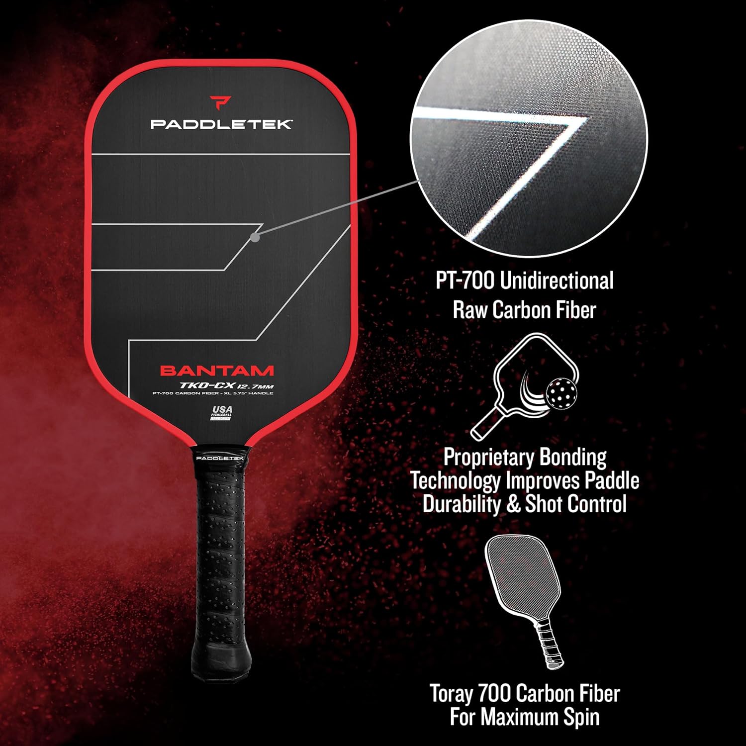 Paddletek Bantam TKO-CX 12.7mm Pickleball Paddles with Polymer Honeycomb Core - Unidirectional Carbon Fiber – Torsional Weighting & High Tack Performance Grip - USAPA Approved - 5.75 Inch Handle - Image 5