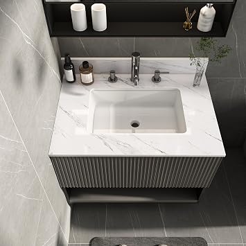 31 Inch Marble Vanity Top, White Vanity Top with Pre drilled Faucet Holes, Bathroom Vanity Top with Undermount Rectangular Middle Sink and 4" Height Backsplash, Carrara Venato TU334