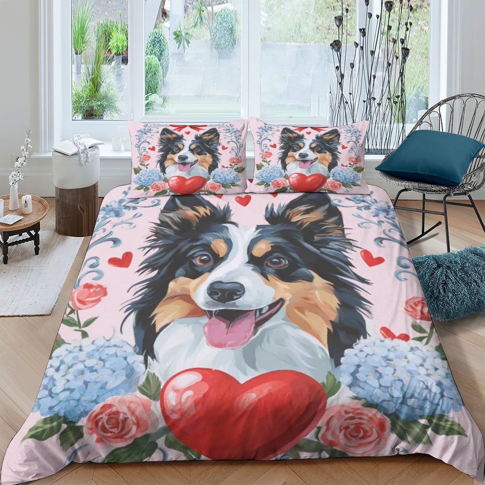 Ctjqhvkz Style-6 3D Printed Australian Shepherd Dog Fitted Sheet Microfiber Floral Heart Bed Cover For Bedroom Guest Room Decor Single（135X200cm）